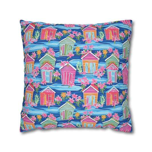 Seaside Serenade: Watercolor Beach Houses Amidst Blooming Florals Spun Polyester Square Pillowcase 4 Sizes