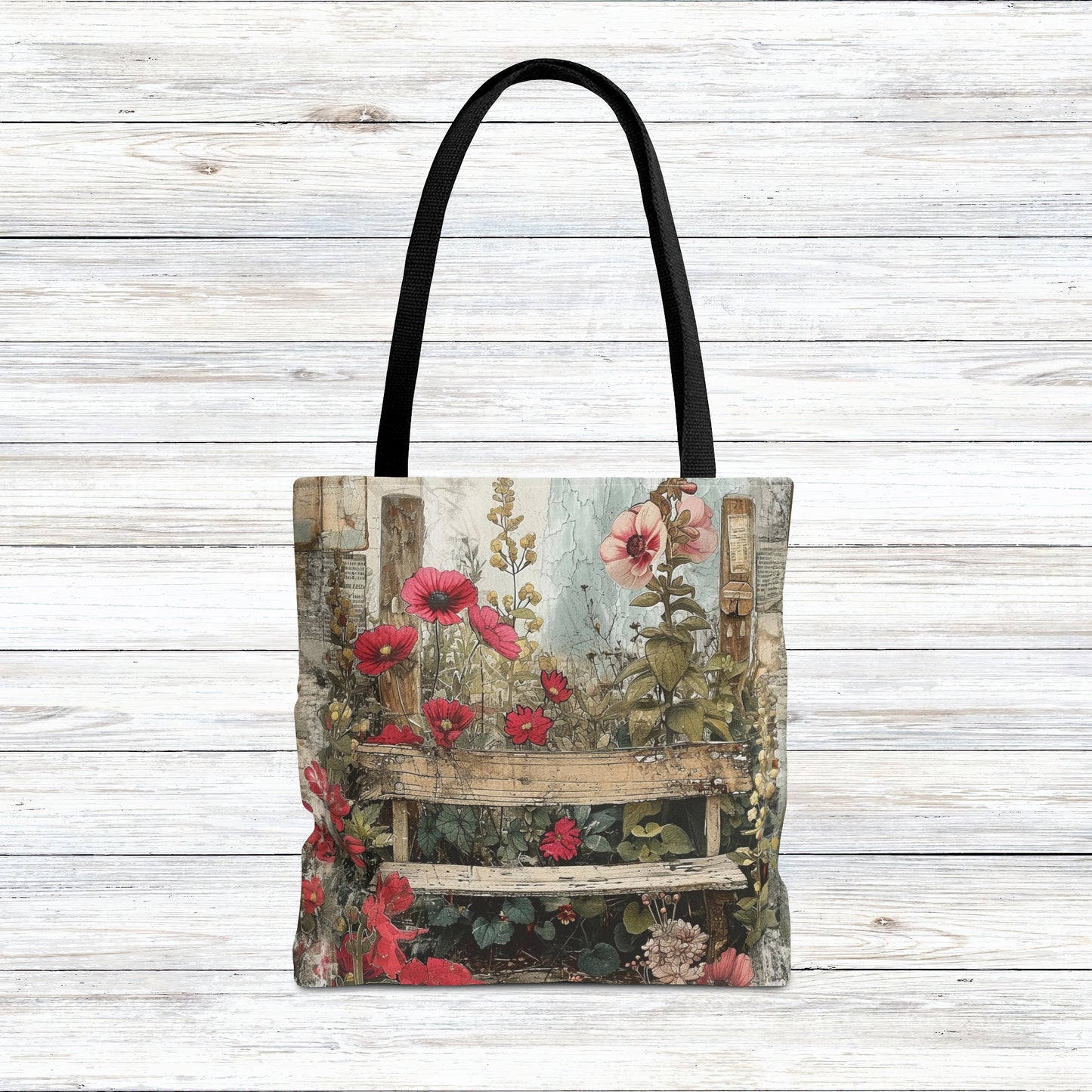 Rustic Retreat: Flower Garden Adorned with a Weathered Bench Canvas Tote Bag - 3 Sizes