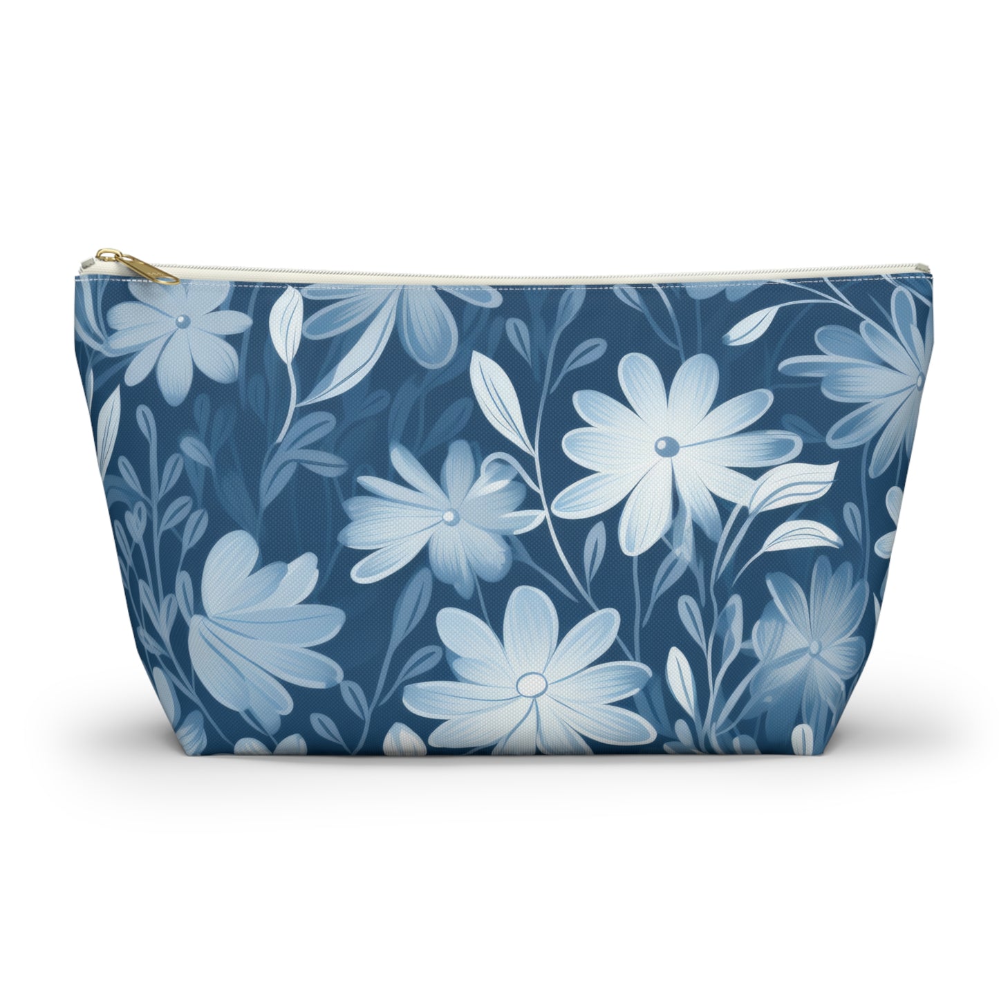 Gentle Elegance: Soft Muted Blue Flower Design  - Makeup & Accessory Bag 2 Sizes