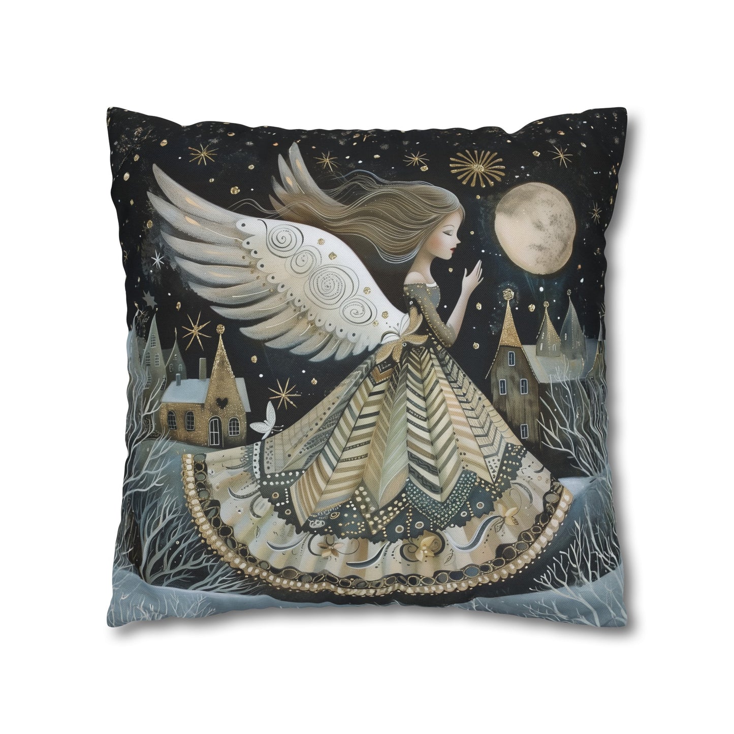 Frosty Angelic Glow: Angel Illuminated by Moonlight on a Snowy Night Spun Polyester Square Pillowcase 4 Sizes