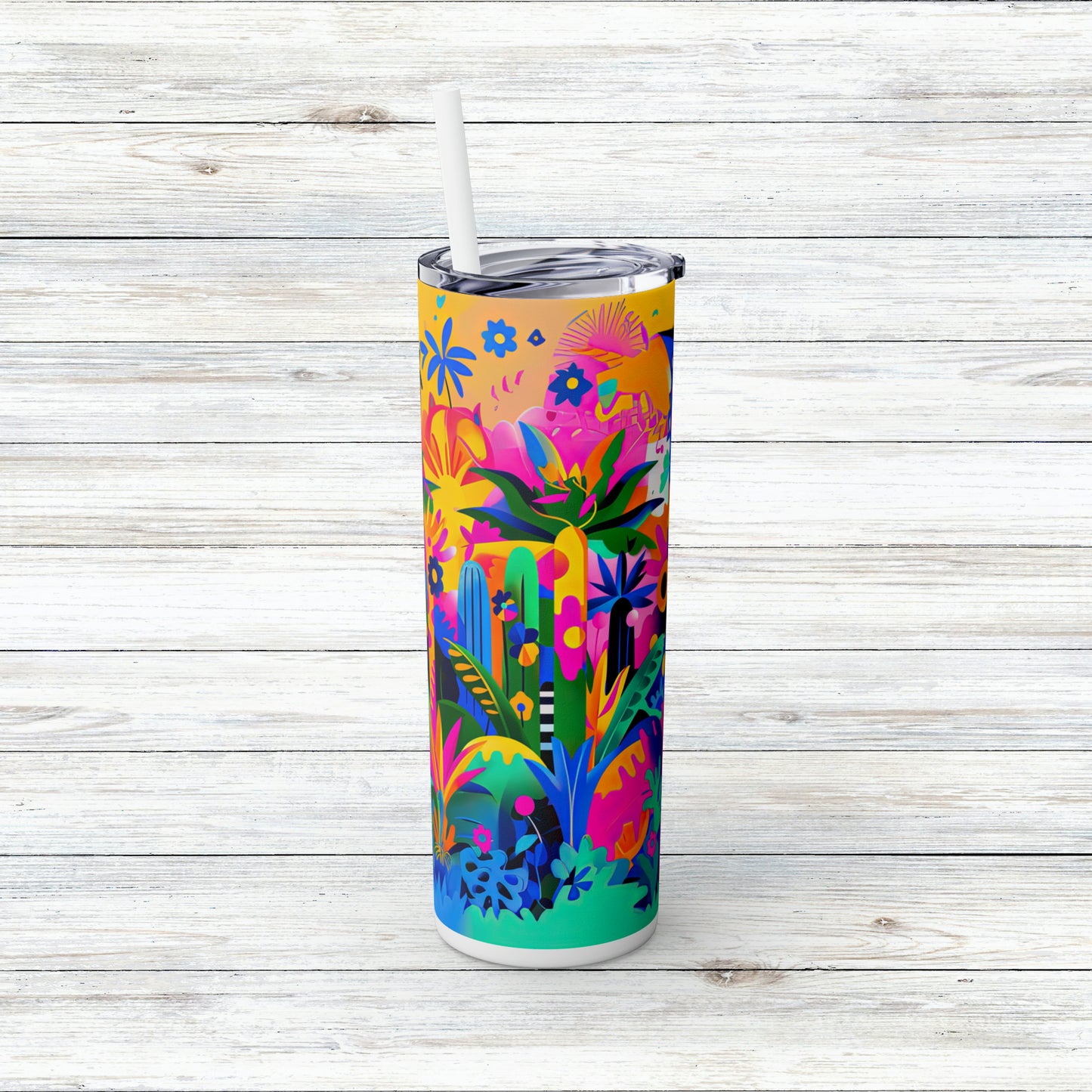 Tropical Neon Jungle Abstract Art Skinny Tumbler with Straw, 20oz