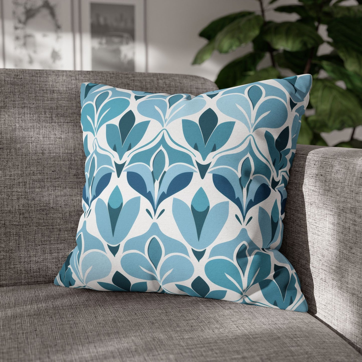 Elegant Floral Pattern in Shades of Aqua and Teal, Forming Graceful Botanical Motifs Spun Polyester Square Pillowcase 4 Sizes