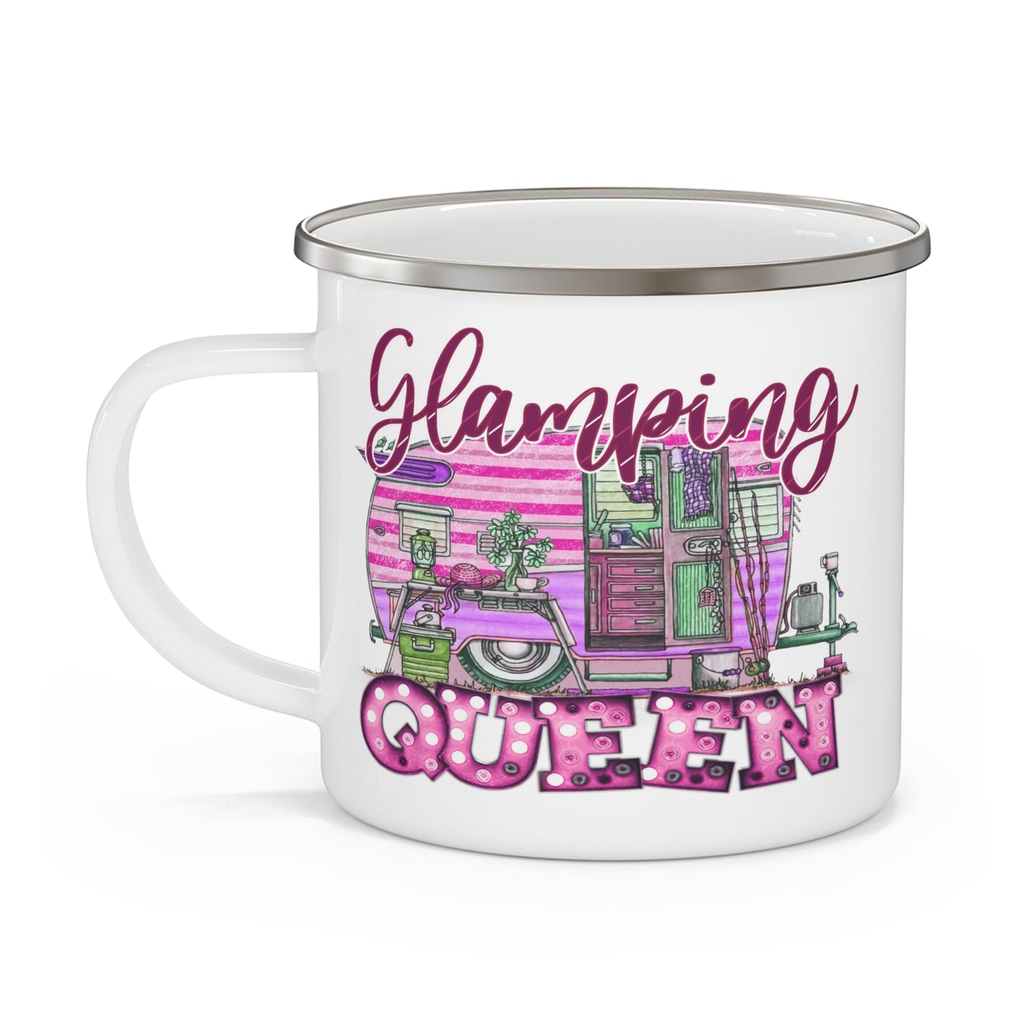 Glamping Queen with Retro Camping Trailer in Pink - 12oz Enamel Camping Mug