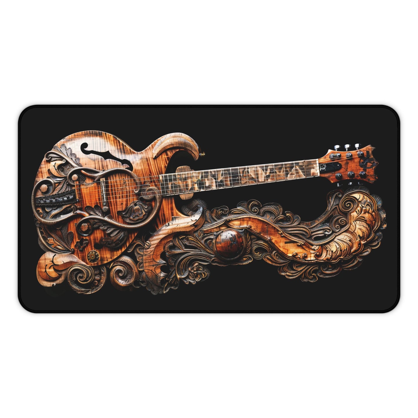 Intricate Carved Wood Electric Guitar Resting on Stone and Wood Carved Stand Desk Mat Extended Gaming Mouse Pad - 3 Sizes