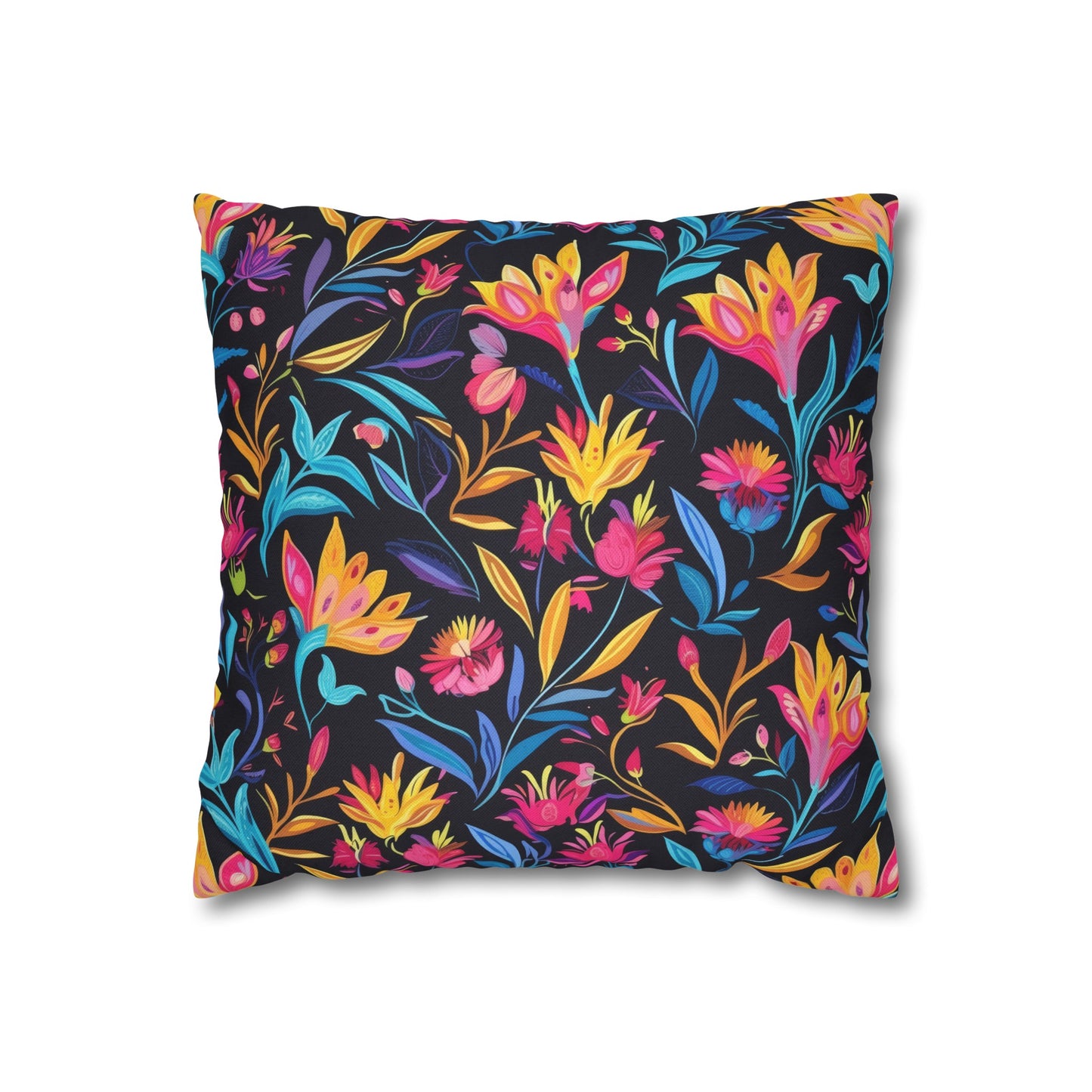 Vibrant Floral Fantasy in Midnight Garden Design Spun Polyester Square Pillowcase 4 Sizes