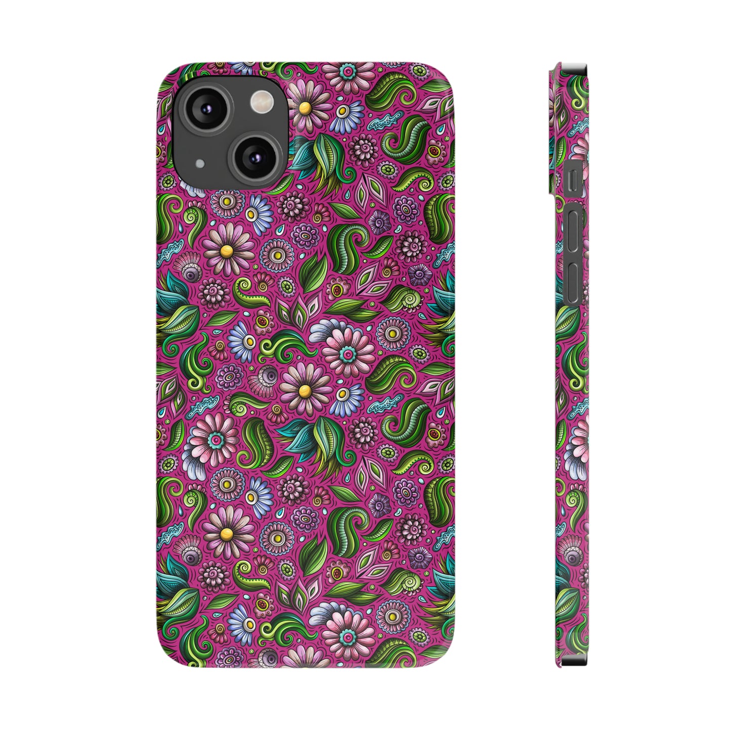 Purple & Pink Daisy Floral Print Hot Pink Background Iphone 15-12 Slim Phone Case