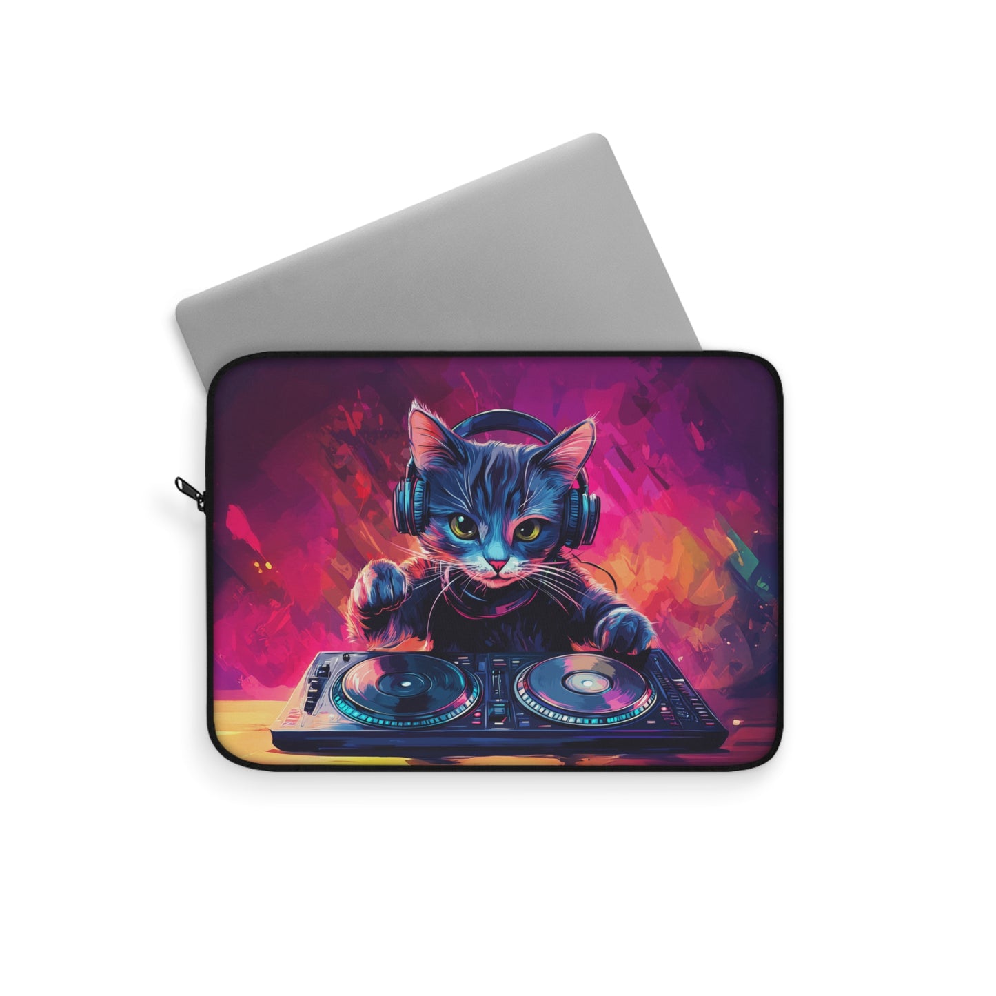 DJ Kitty Spinning Retro Beats  Laptop or Ipad Protective Sleeve 3 Sizes Available