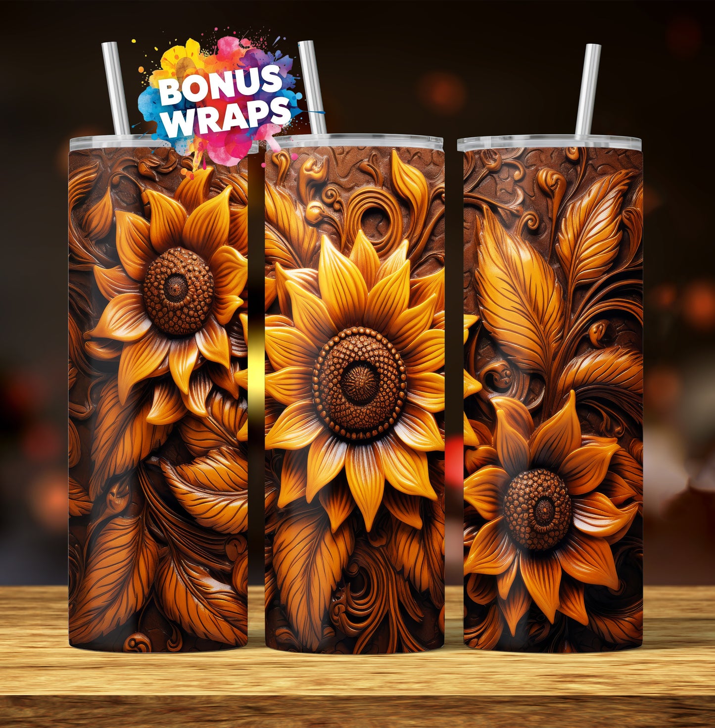 Western Sunflower Tooled Leather 20oz Skinny Tumbler, Seamless Sunflowers Country Western 20 oz Straight Skinny Tumbler Wrap PNG