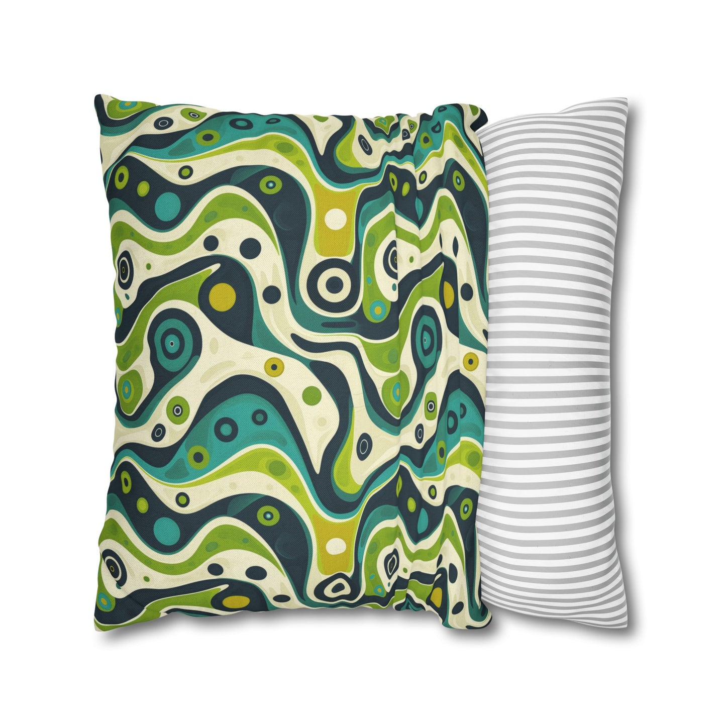 Groovy Retro Greens and Blues Abstract Waves Spun Polyester Square Pillowcase 4 Sizes