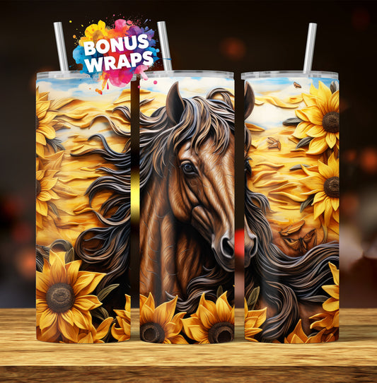 Western Horse Tooled Leather 20oz Skinny Tumbler, Seamless Country Western 20 oz Straight Skinny Tumbler Wrap PNG