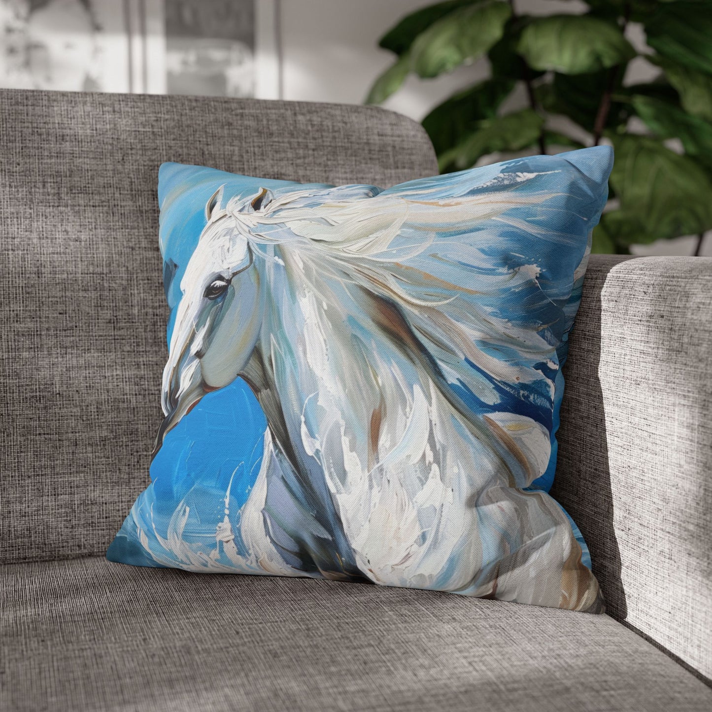 Majestic White Stallion Galloping Along the Oceans Edge Spun Polyester Square Pillowcase 4 Sizes