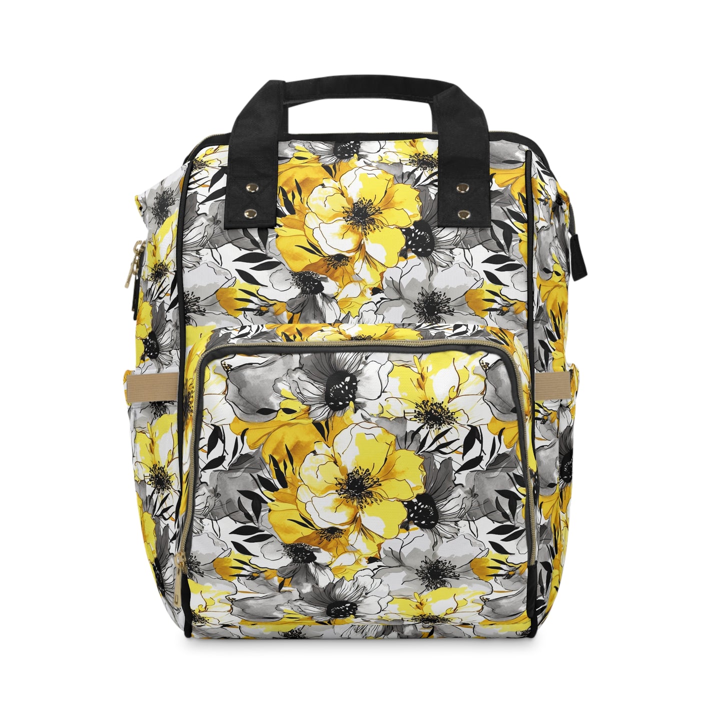 Soothing Radiance: Large Yellow and Grey Watercolor Flower Multifunctional Diaper Backpack