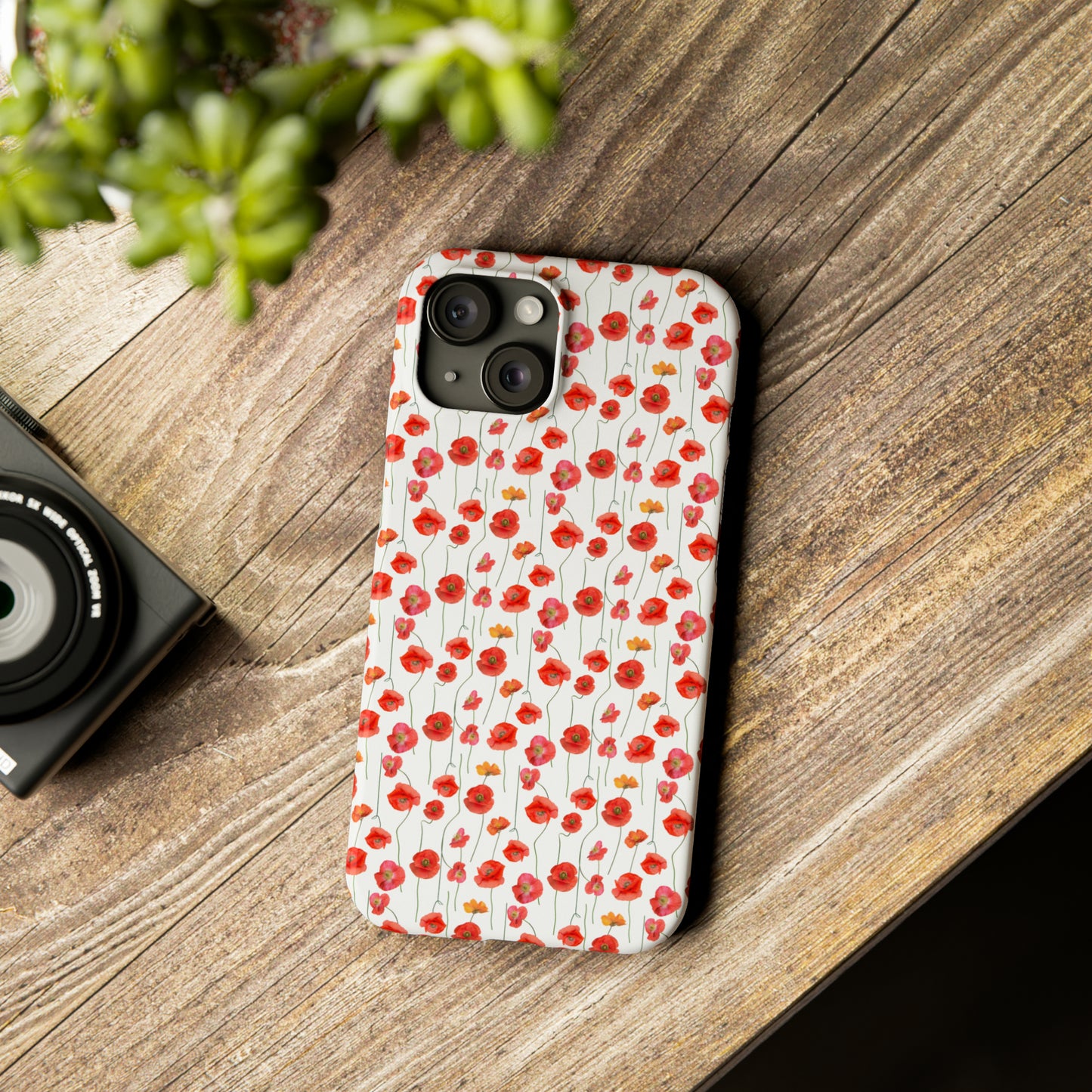 Vivid Elegance: Bright Red Poppies on a White Background Iphone 15-12 Slim Phone Case