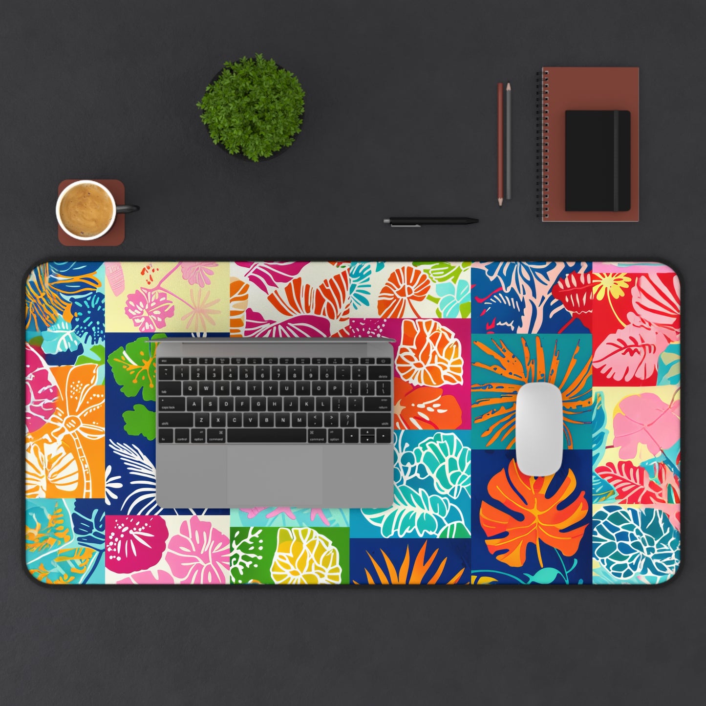 Vibrant Mosaic of Tropical Unique Shapes and Hues, from Vivid Oranges to Deep Blue Leaves and Flowers Extended Gaming Mouse Pad  Desk Mat  - 3 Sizes