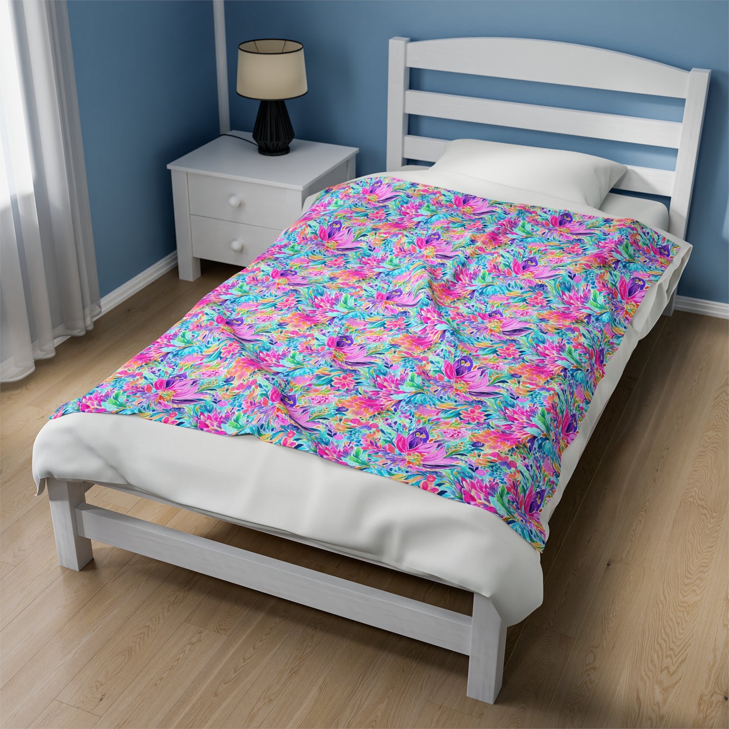 Tropical Prism: Rainbow Watercolor Flowers in Full Bloom Velveteen Plush Blanket 3 Sizes