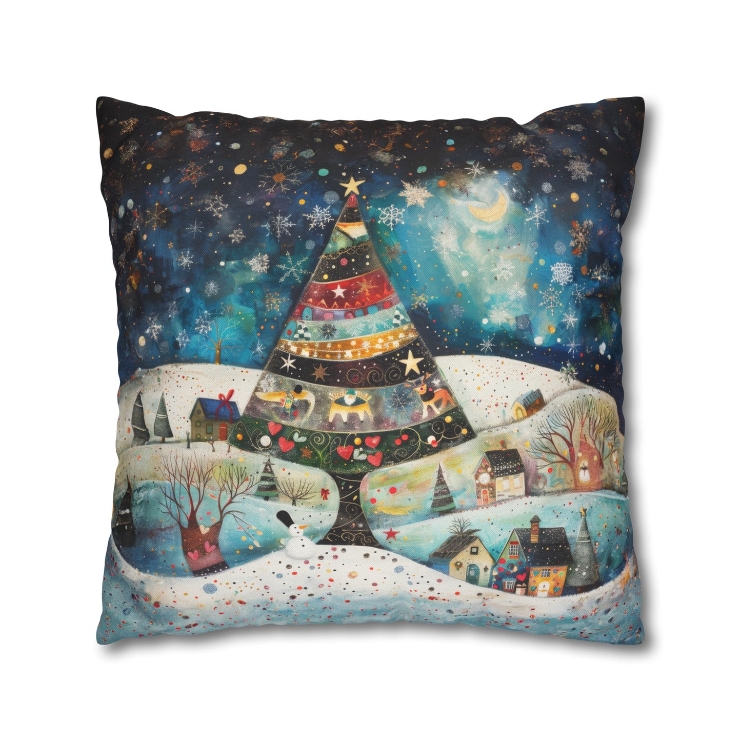 Twilight Treasures: Folk Art Christmas Tree Adorning a Town at Night Spun Polyester Square Pillowcase 4 Sizes