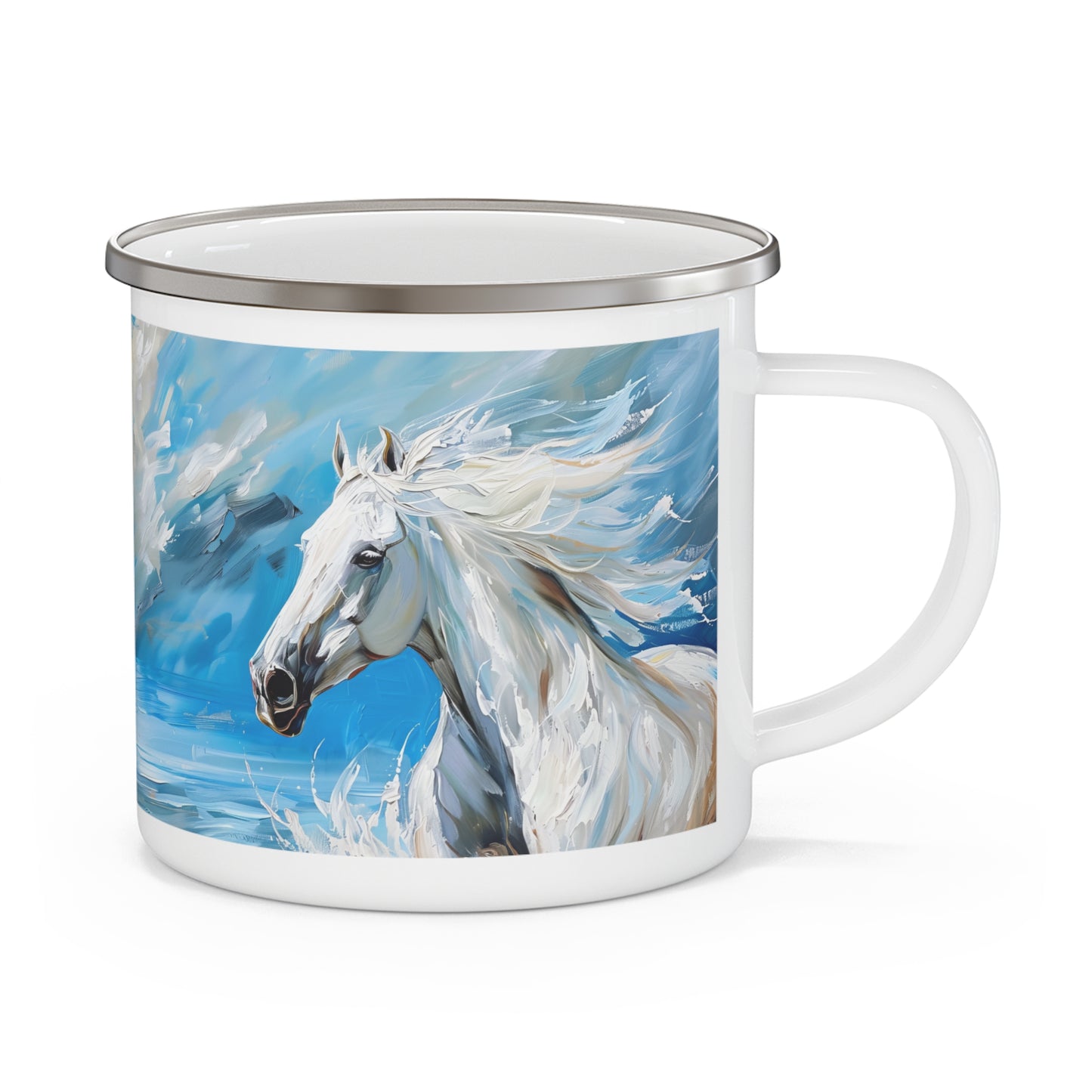 Majestic White Stallion Galloping Along the Ocean's Edge - 12oz Enamel Camping Mug