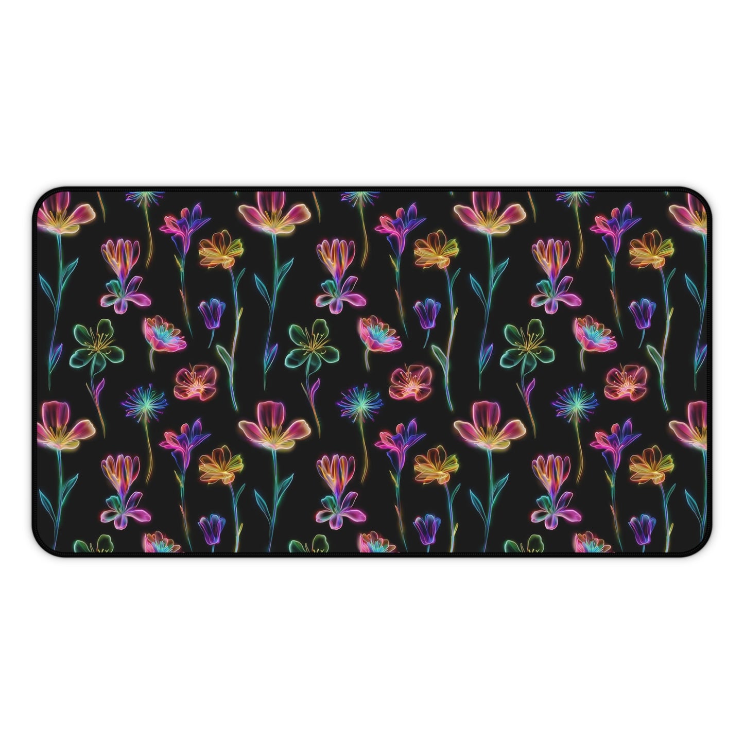 Neon Spring Flowers Deskmat , Floral Dark Desk Decoration, Floral Large Mousepad, Gaming Desk Mat, Desktop Accessory