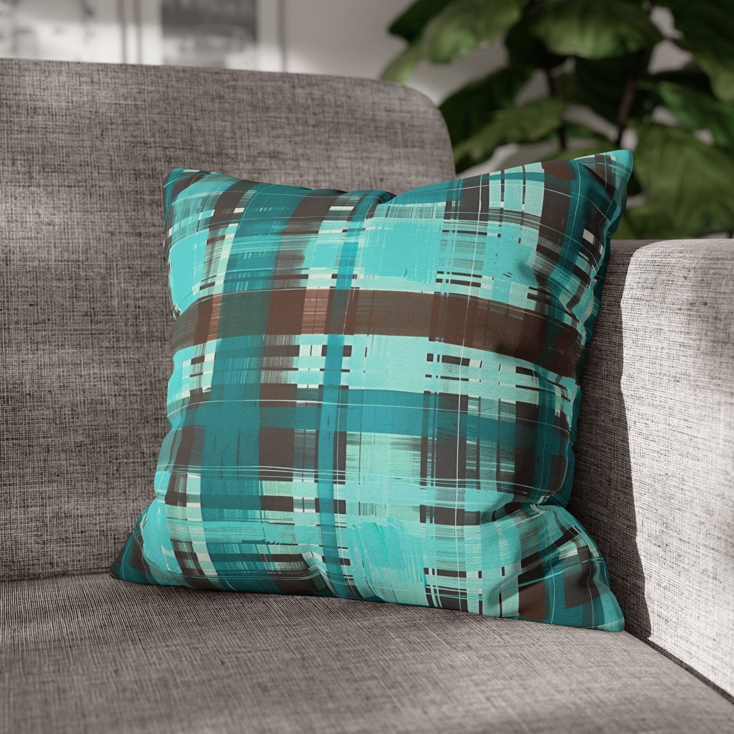 Bold Abstract Watercolor Plaid in Shades of Green and Brown Spun Polyester Square Pillowcase 4 Sizes