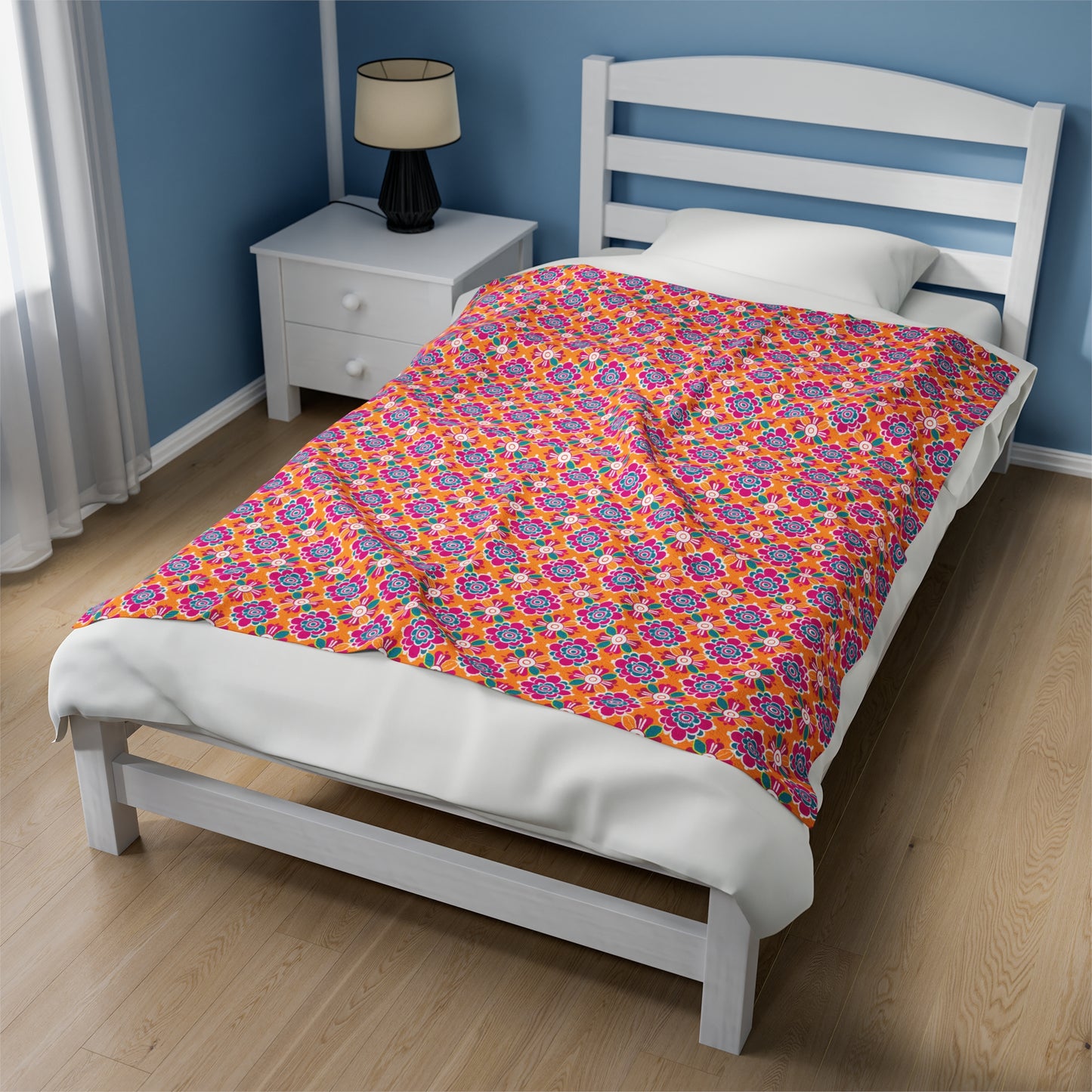 Array of Stylized Floral Motifs in Vivid Pink, Teal, and White Set Against a Warm Orange Backdrop Velveteen Plush Blanket 3 Sizes