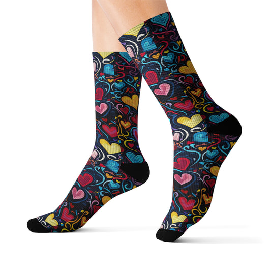 Whimsical Colorful Heart Design Ribbed Tube Socks