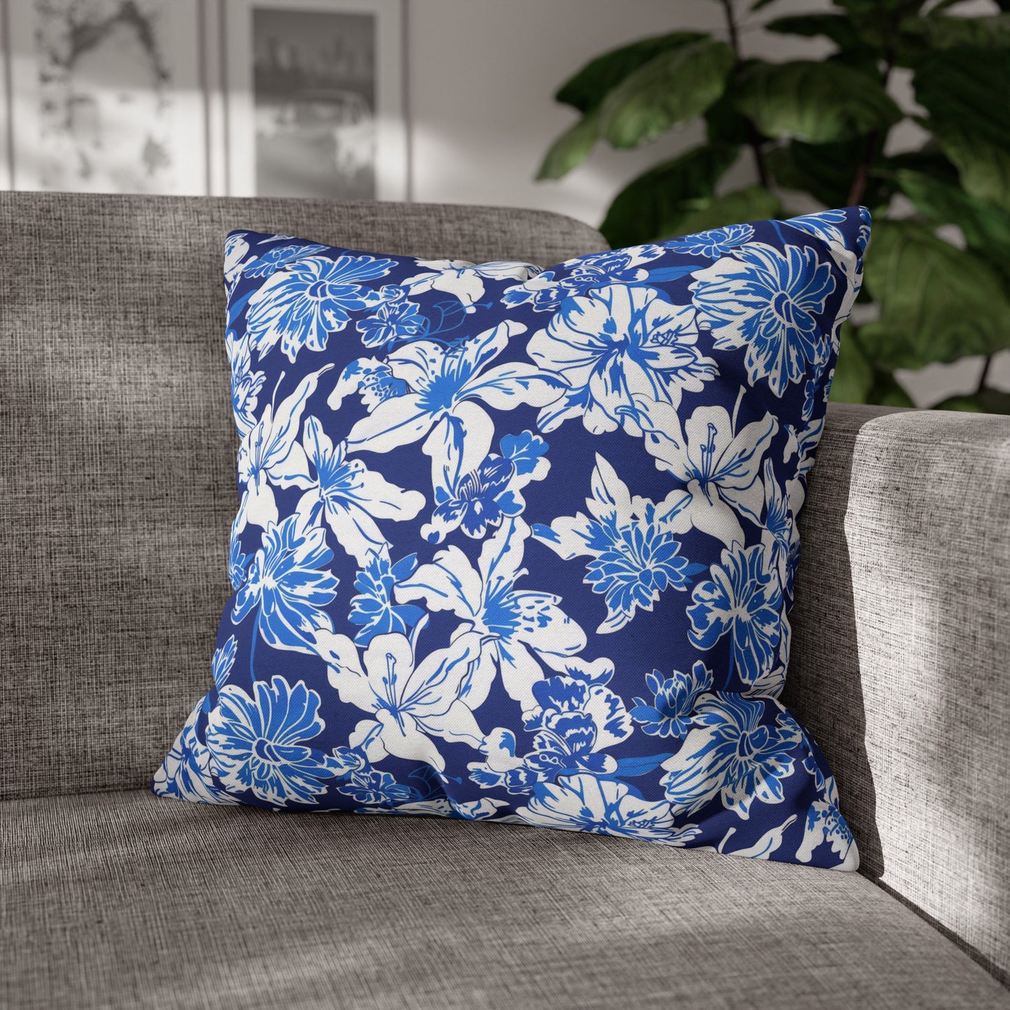 Oceanic Bloom: Watercolor Tropical Flowers in White and Blue against a Deep Blue Background Spun Polyester Square Pillowcase 4 Sizes