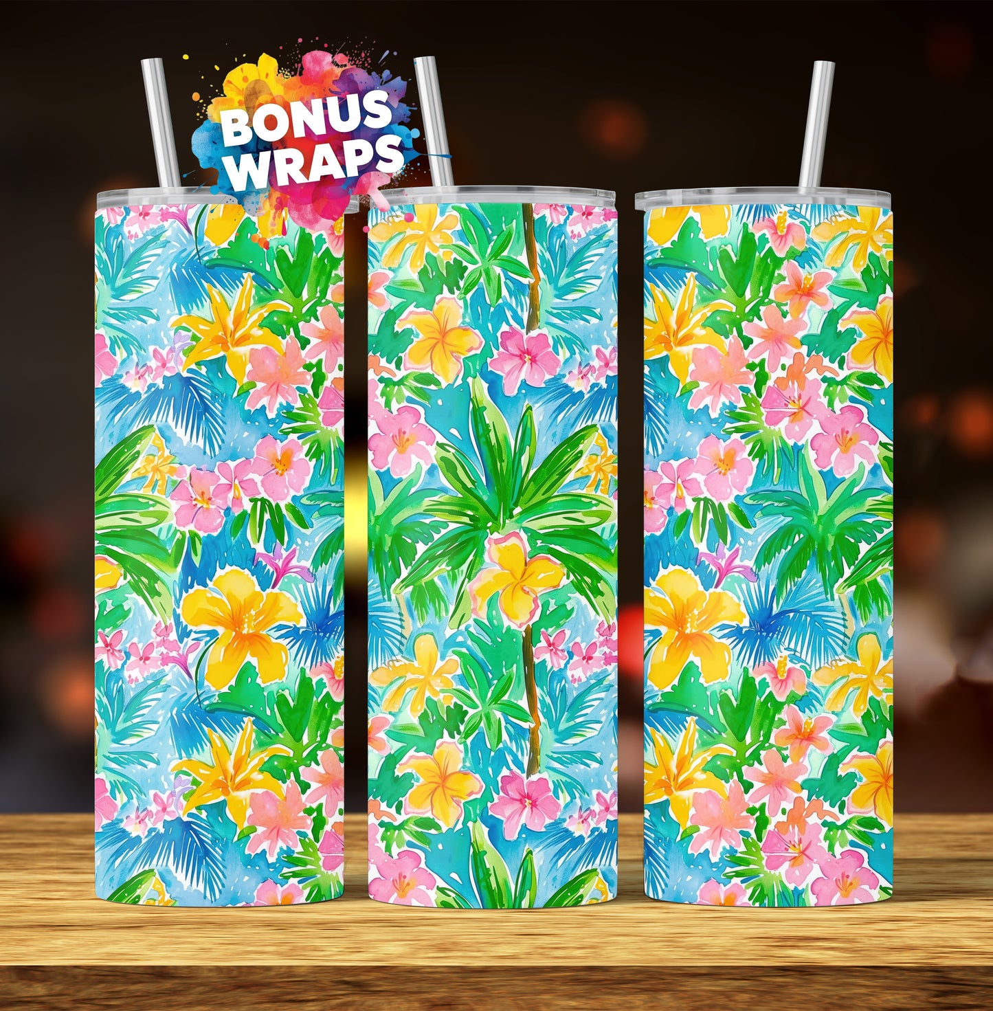 Tropical Watercolor Hibiscus Flowers with Palm Trees 20oz Skinny Tumbler Sublimation Templates, Seamless Straight PNG Digital Download