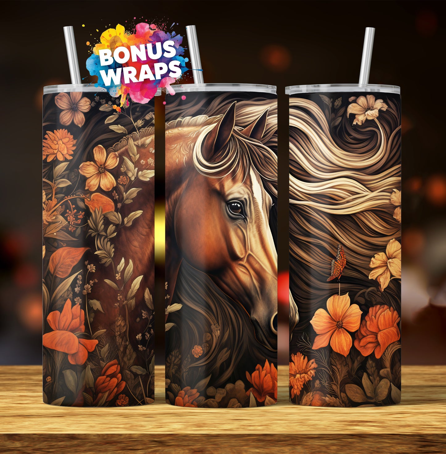 Western Horse Tooled Leather 20oz Skinny Tumbler, Seamless Country Western 20 oz Straight Skinny Tumbler Wrap PNG