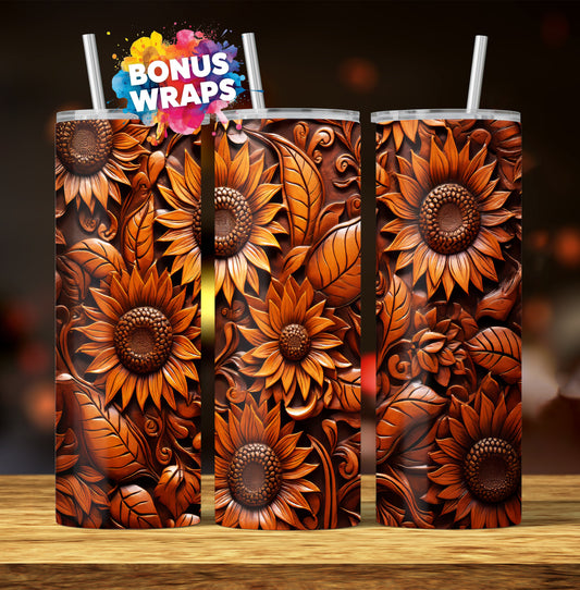 Western Sunflower Tooled Leather 20oz Skinny Tumbler, Seamless Sunflowers Country Western 20 oz Straight Skinny Tumbler Wrap PNG