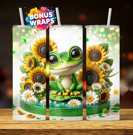 Cute Frog Sunflowers 20 oz Skinny Tumbler Wrap, Sunflower 20oz Seamless Digital Digital Download