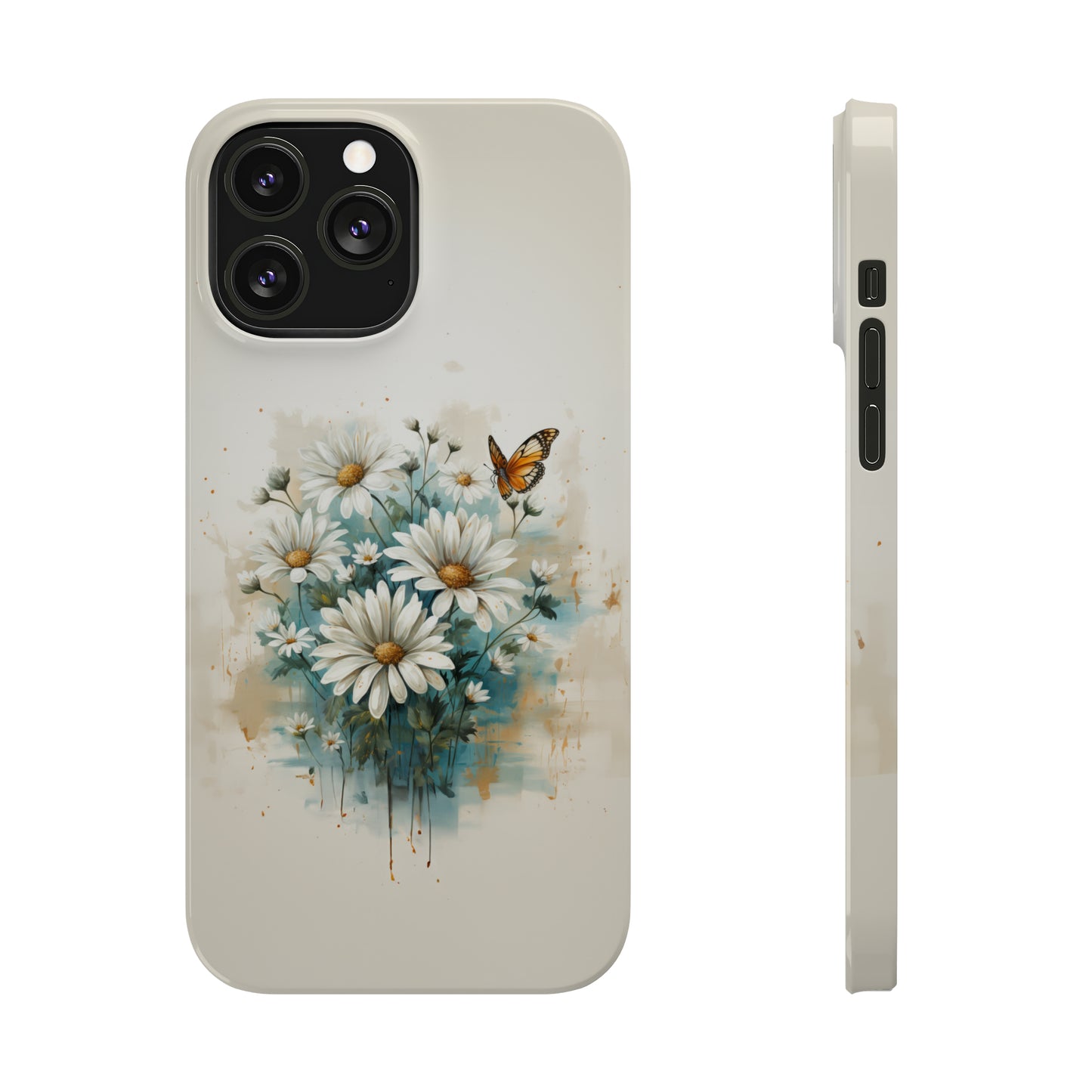 Rustic Farmhouse Teal and White Wild Daisies and Butterflies Iphone 15-12 Slim Phone Case