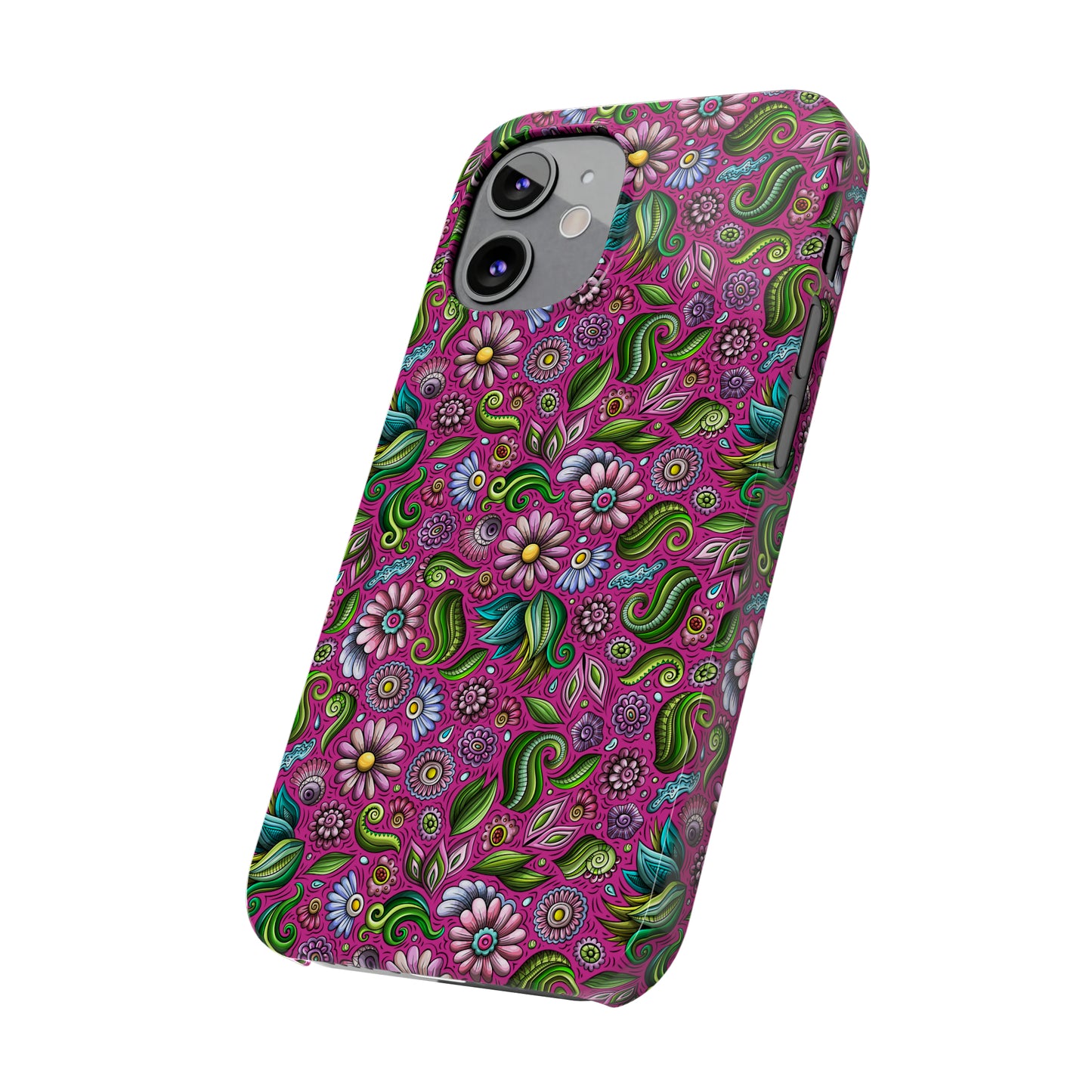 Purple & Pink Daisy Floral Print Hot Pink Background Iphone 15-12 Slim Phone Case