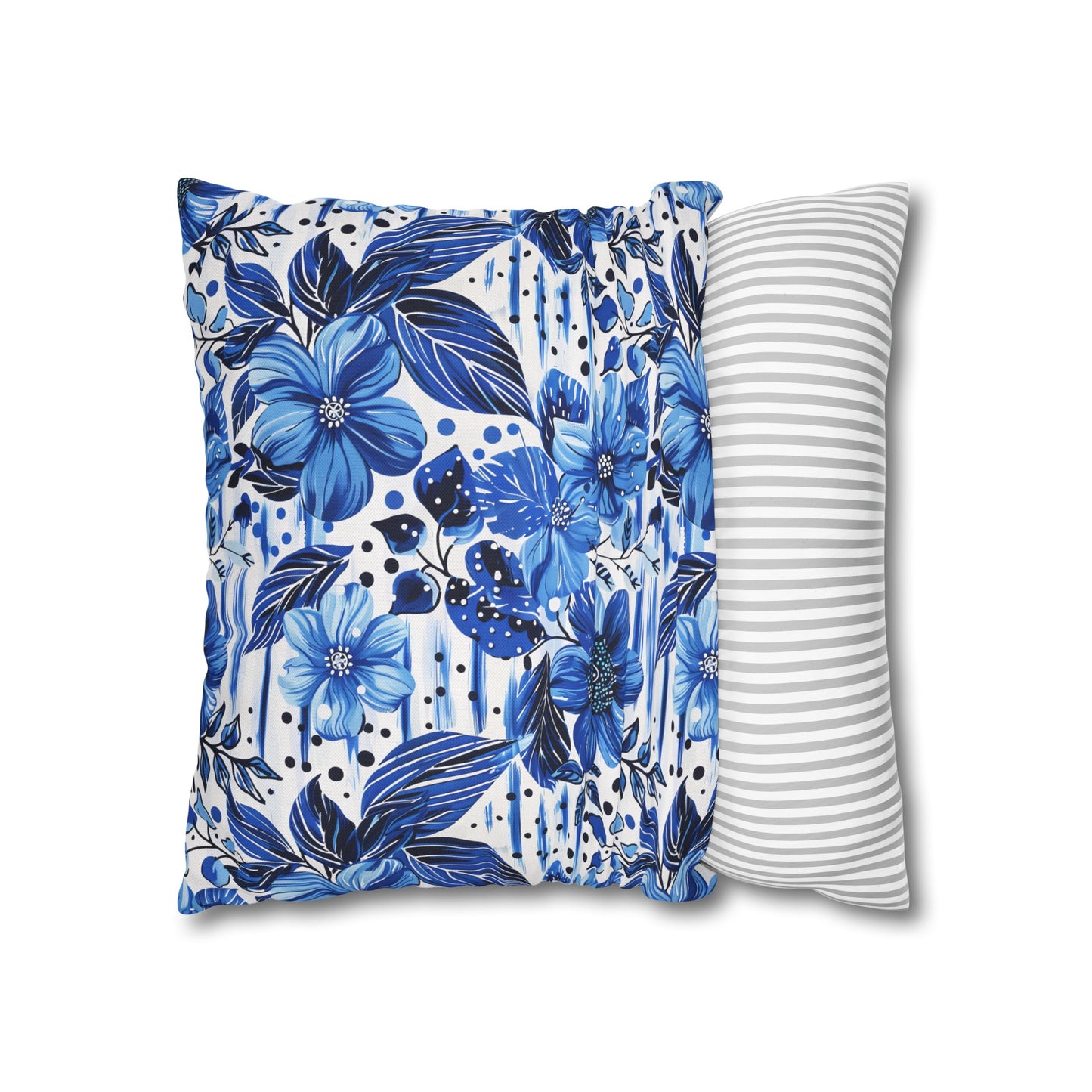 Floral Symphony in Shades of Blue, Harmonized with Abstract Lines Spun Polyester Square Pillowcase 4 Sizes