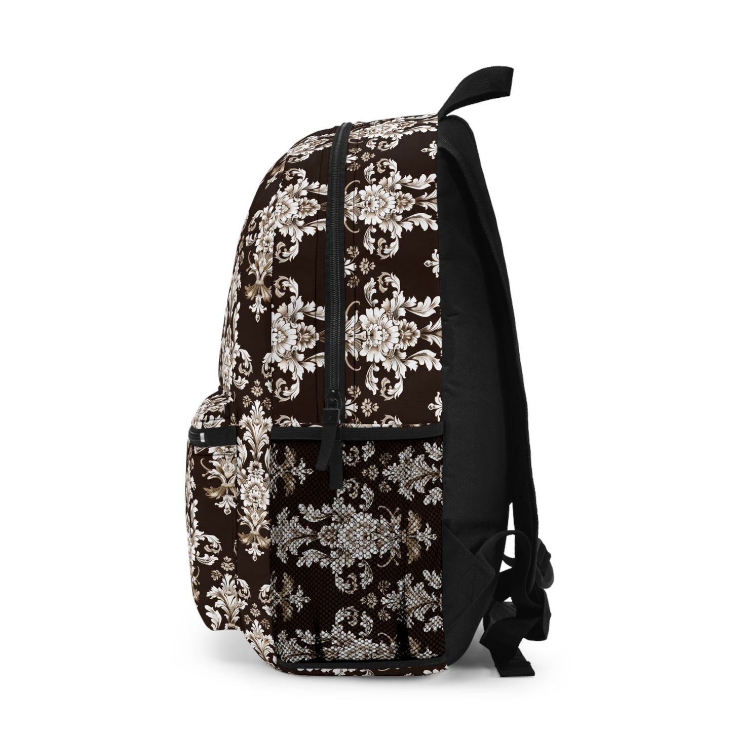 Elegant Rococo Pattern of Intricate Brown and White Floral Scroll Design Lightweight Stylish Durable Backpack (Made in USA)