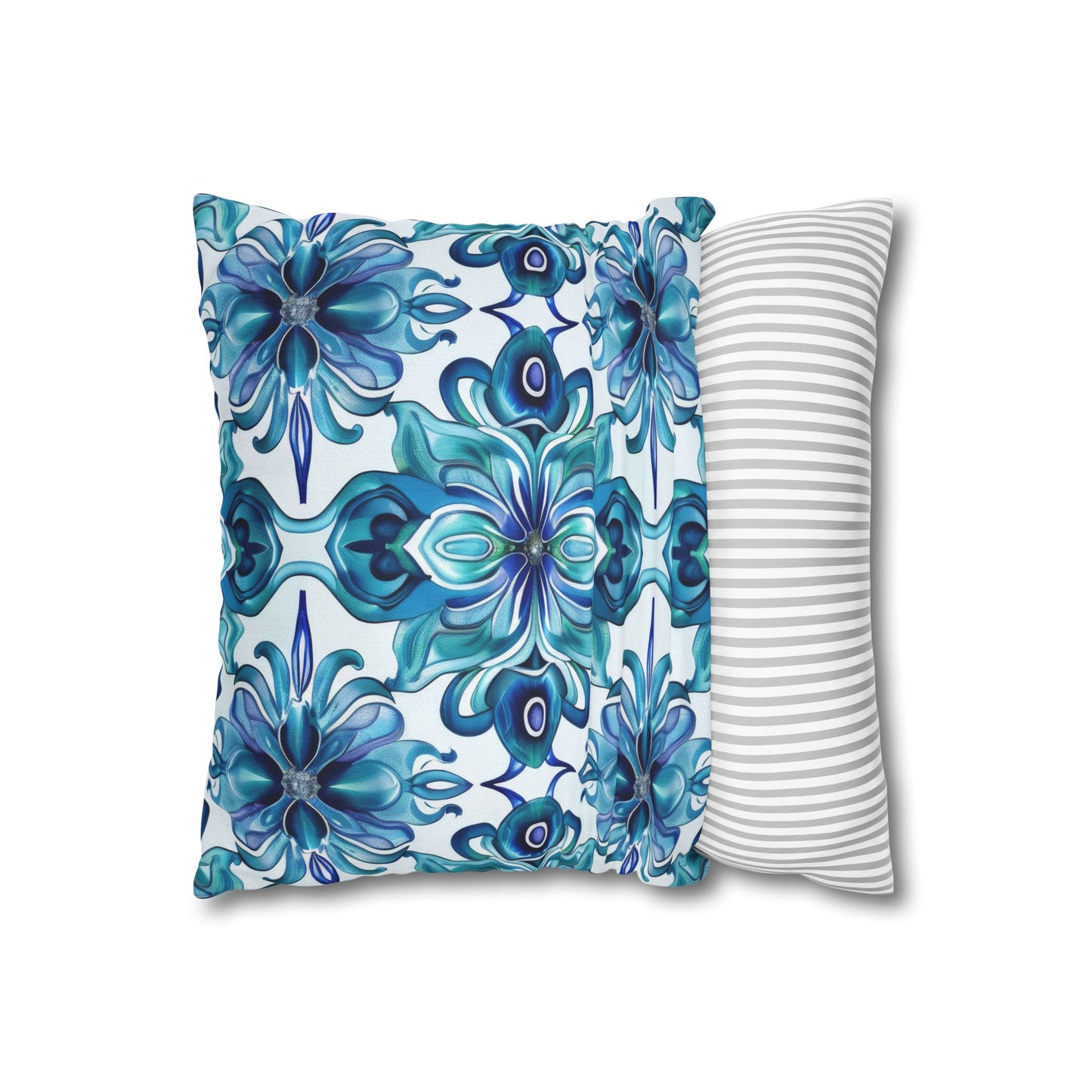 Blossom Symphony of Blue Teal Intricate Floral Pattern Spun Polyester Square Pillowcase 4 Sizes