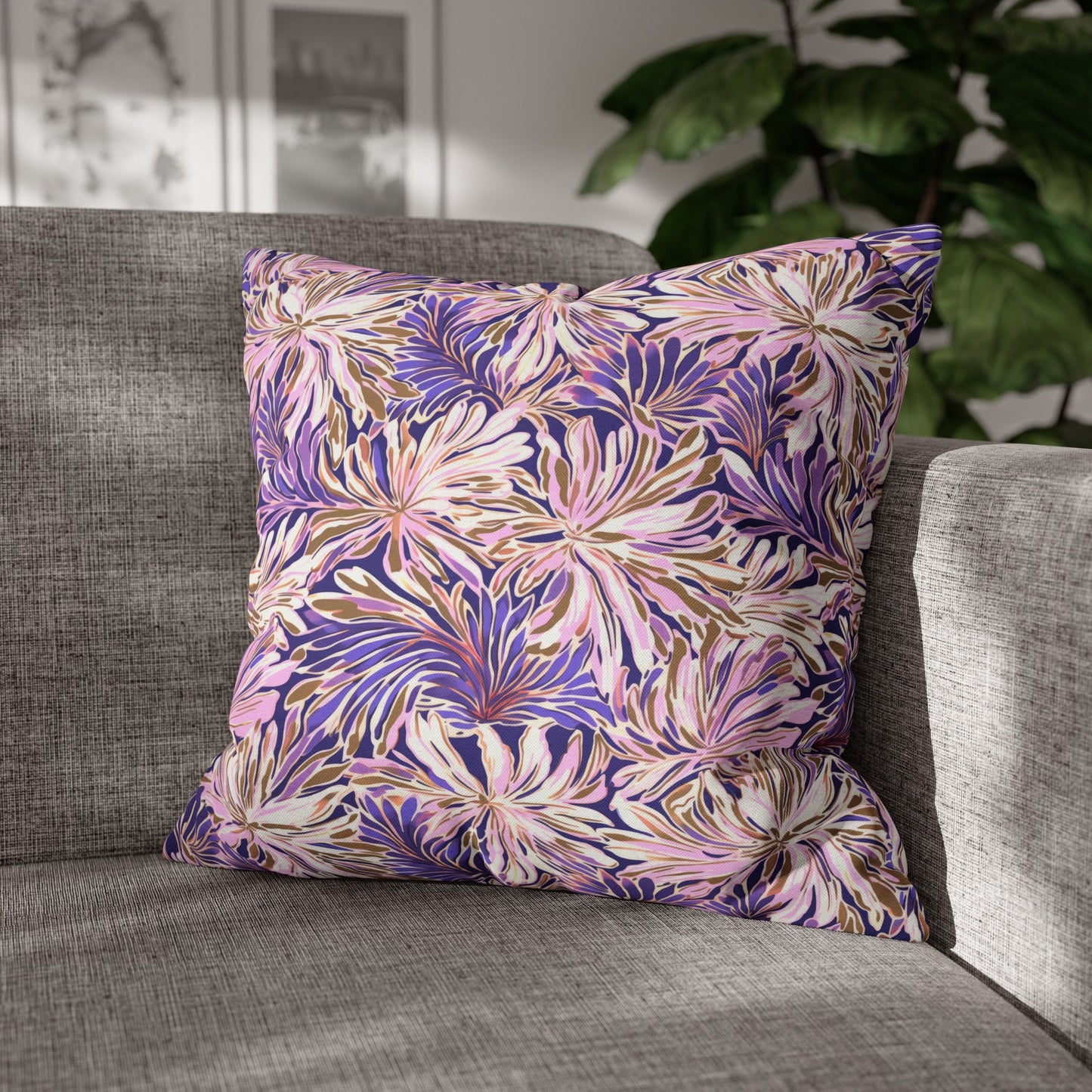 Gilded Blooms: Purple, Pink, and Gold Abstract Watercolor Flowers Spun Polyester Square Pillowcase 4 Sizes