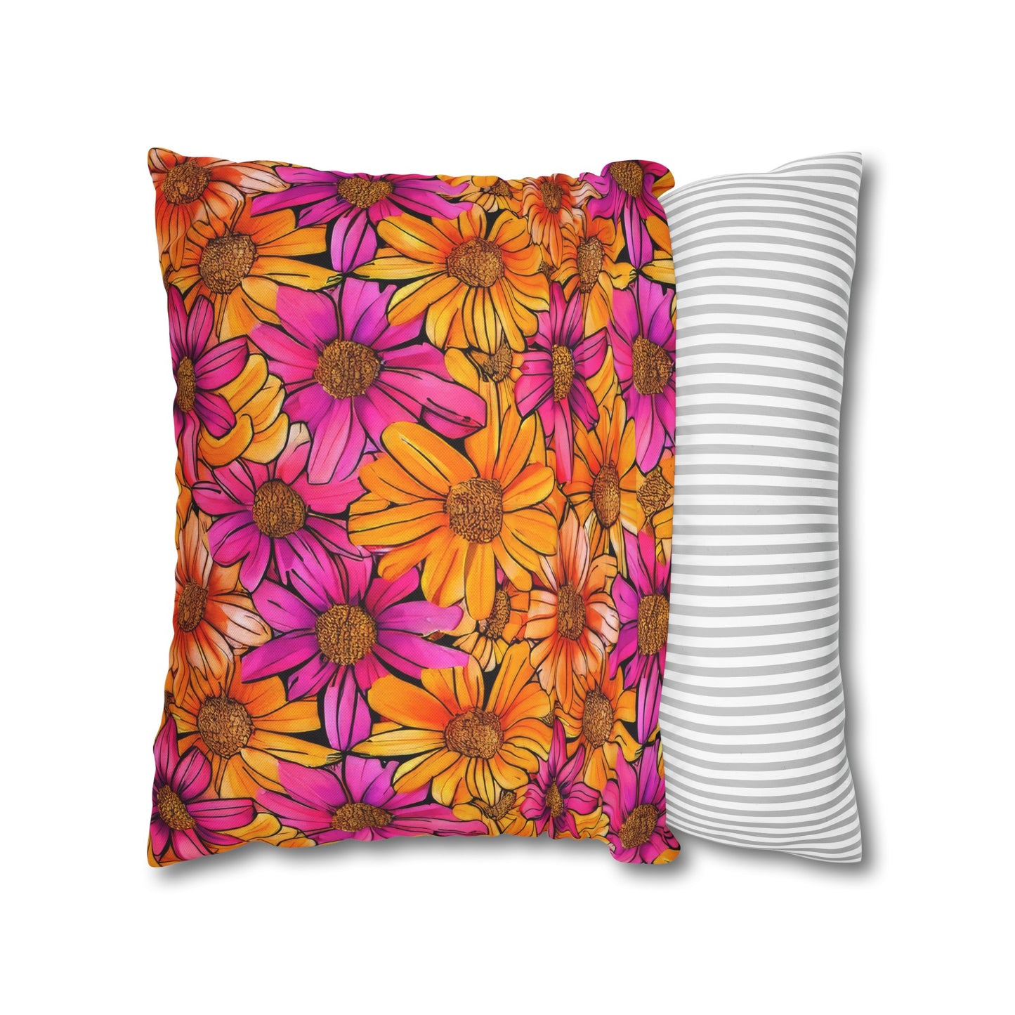 Vibrant Daisy Delight with Bold Orange and Pink Spun Polyester Square Pillowcase 4 Sizes