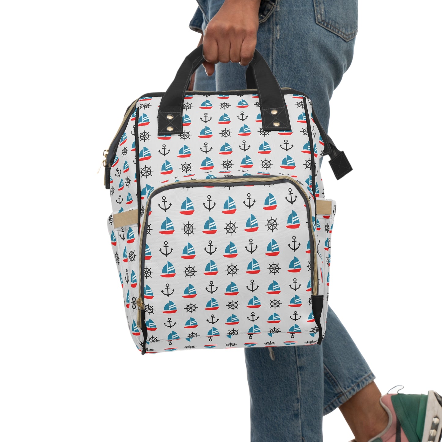 Adorable Kids' Blue and Red Sailboats and Anchors Multifunctional Diaper Backpack