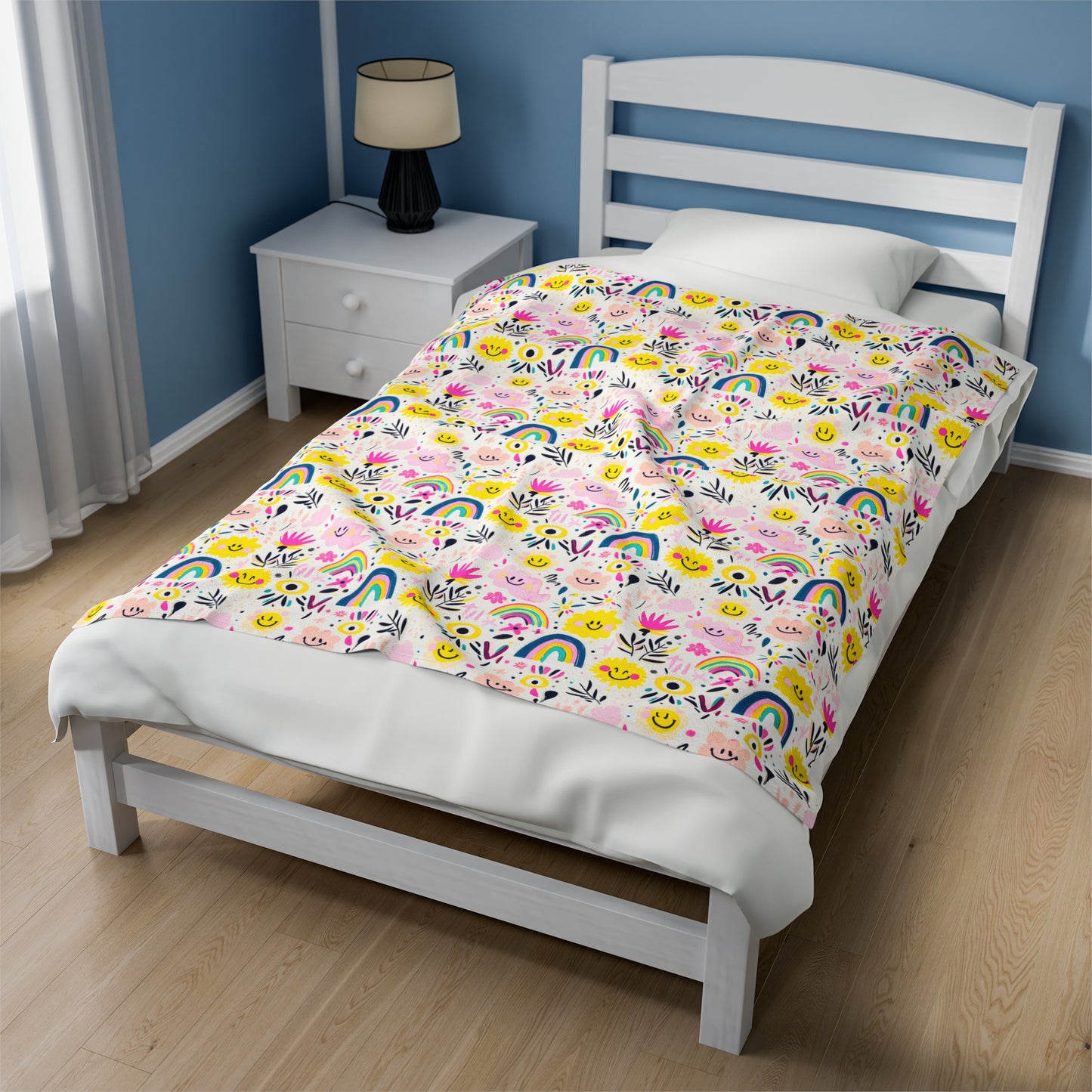 Retro Joy of Whimsical Smiling Flowers, Rainbows, and Playful Patterns Velveteen Plush Blanket 3 Sizes