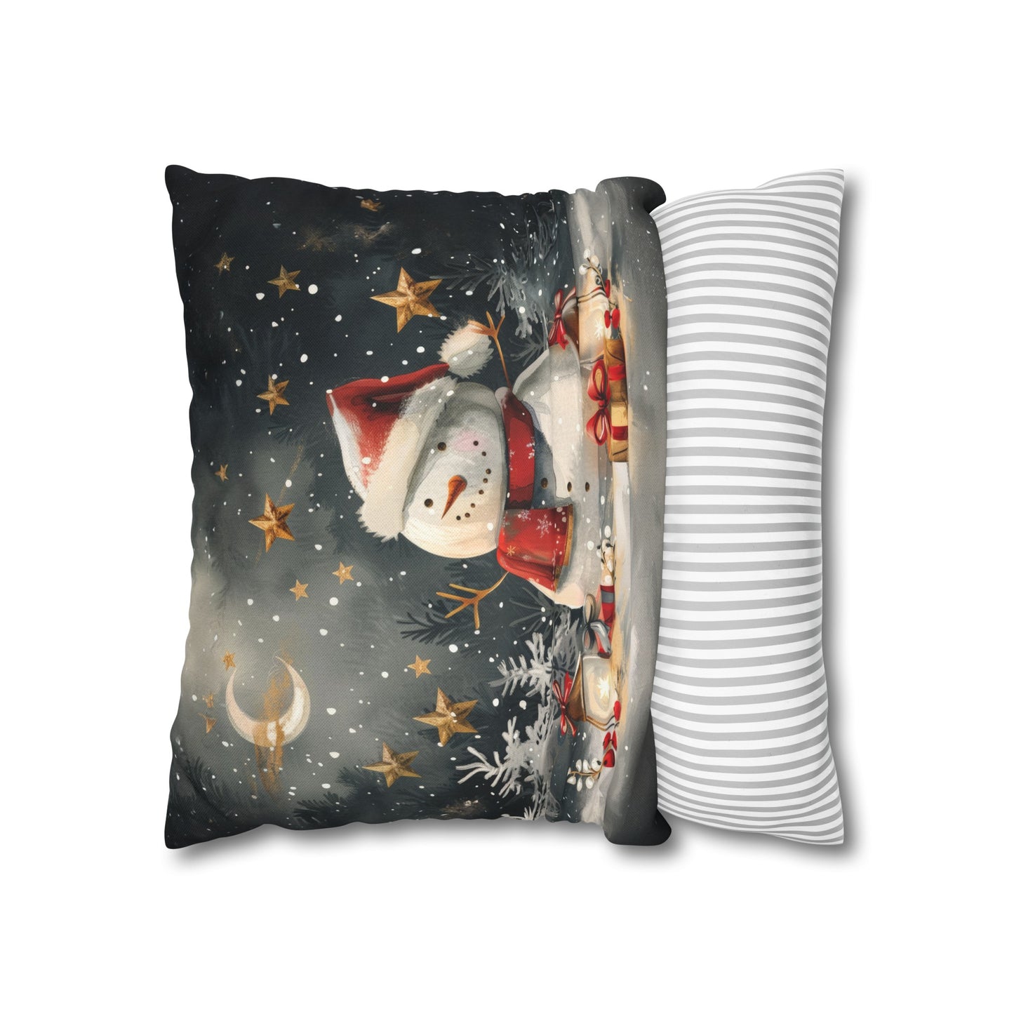 Snowman Beneath a Canopy of Stars, Surrounded by Presents Spun Polyester Square Pillowcase 4 Sizes