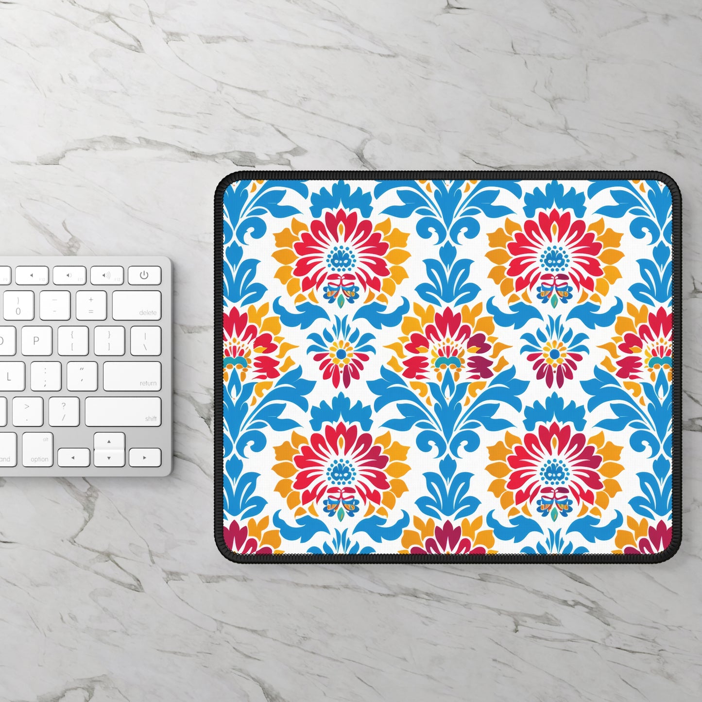 Bright Bouquet of Whimsy in Lively Hues of Red and Blue Flowers with Yellow Accents Gaming Mouse Pad with Finished Edges