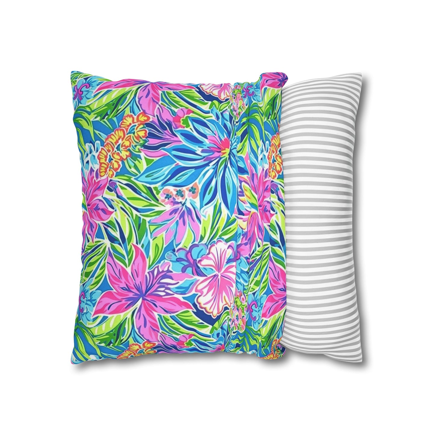 Summer Harmony: Pink and Blue Blooms with Lush Green Leaves Spun Polyester Square Pillowcase 4 Sizes