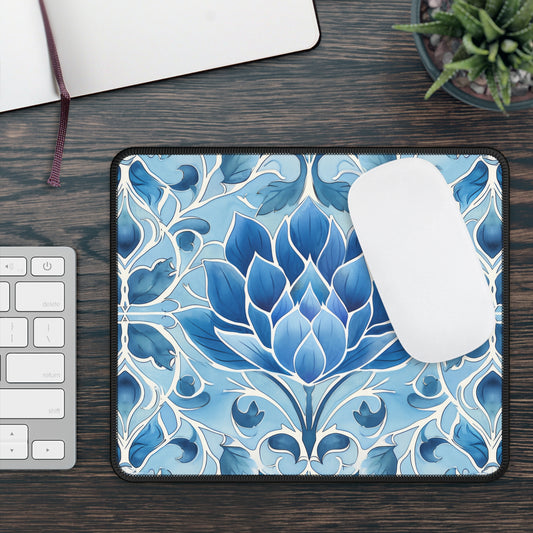 Exquisite Blue Lotus Elegance Floral Mosaic Design Gaming Mouse Pad with Finished Edges