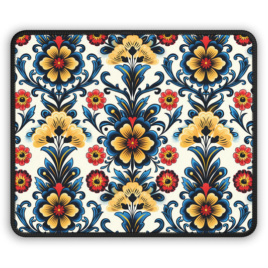 Baroque Blossom of Floral Elegance in Deep Blues and Sunny Yellows Gaming Mouse Pad with Finished Edges