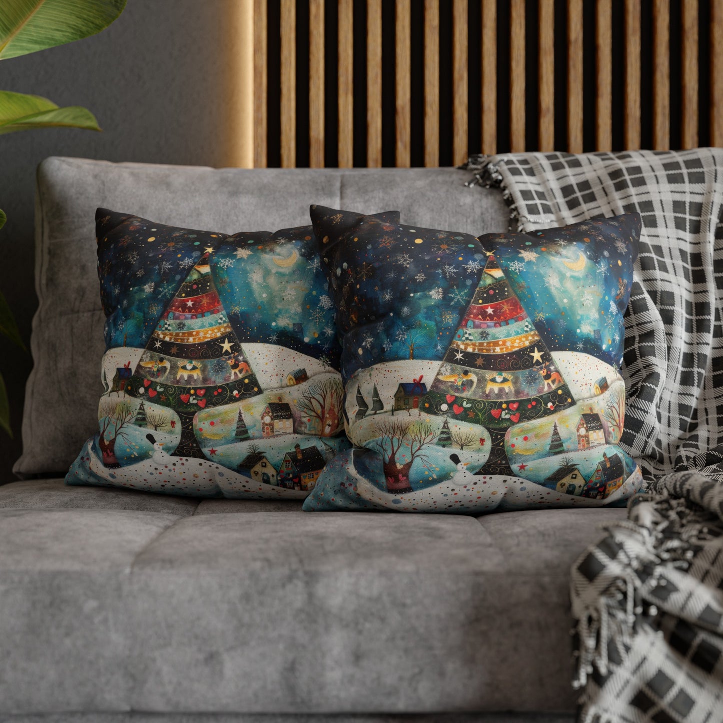 Twilight Treasures: Folk Art Christmas Tree Adorning a Town at Night Spun Polyester Square Pillowcase 4 Sizes