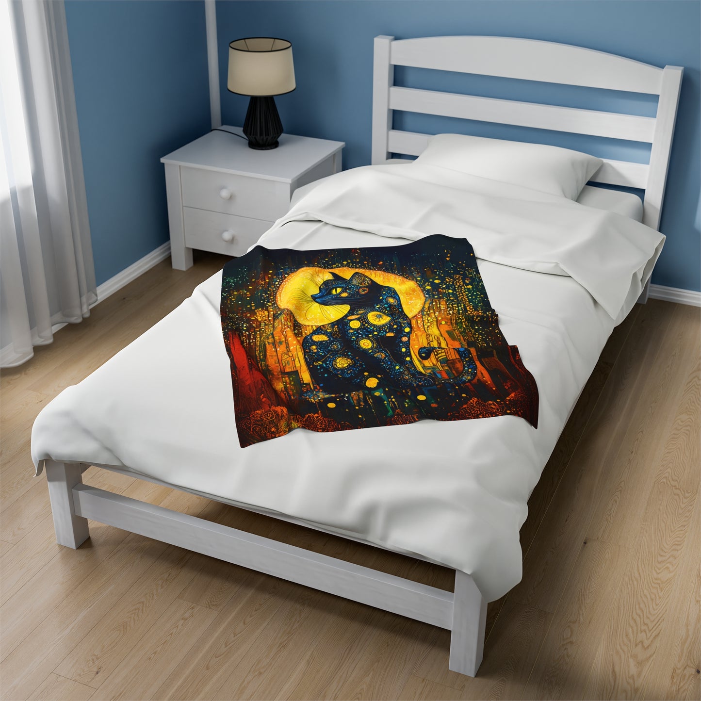 Celestial Cat Adorned in Cosmic Orbs and Starlit Splendor Velveteen Plush Blanket 3 Sizes