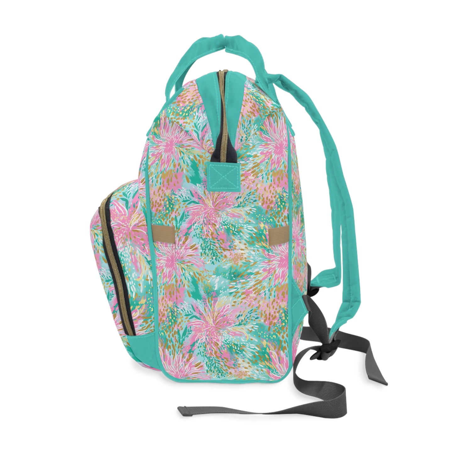 Soft Petal Symphony: Pastel Pink and Green Watercolor Flower Bursts Multifunctional Diaper Backpack