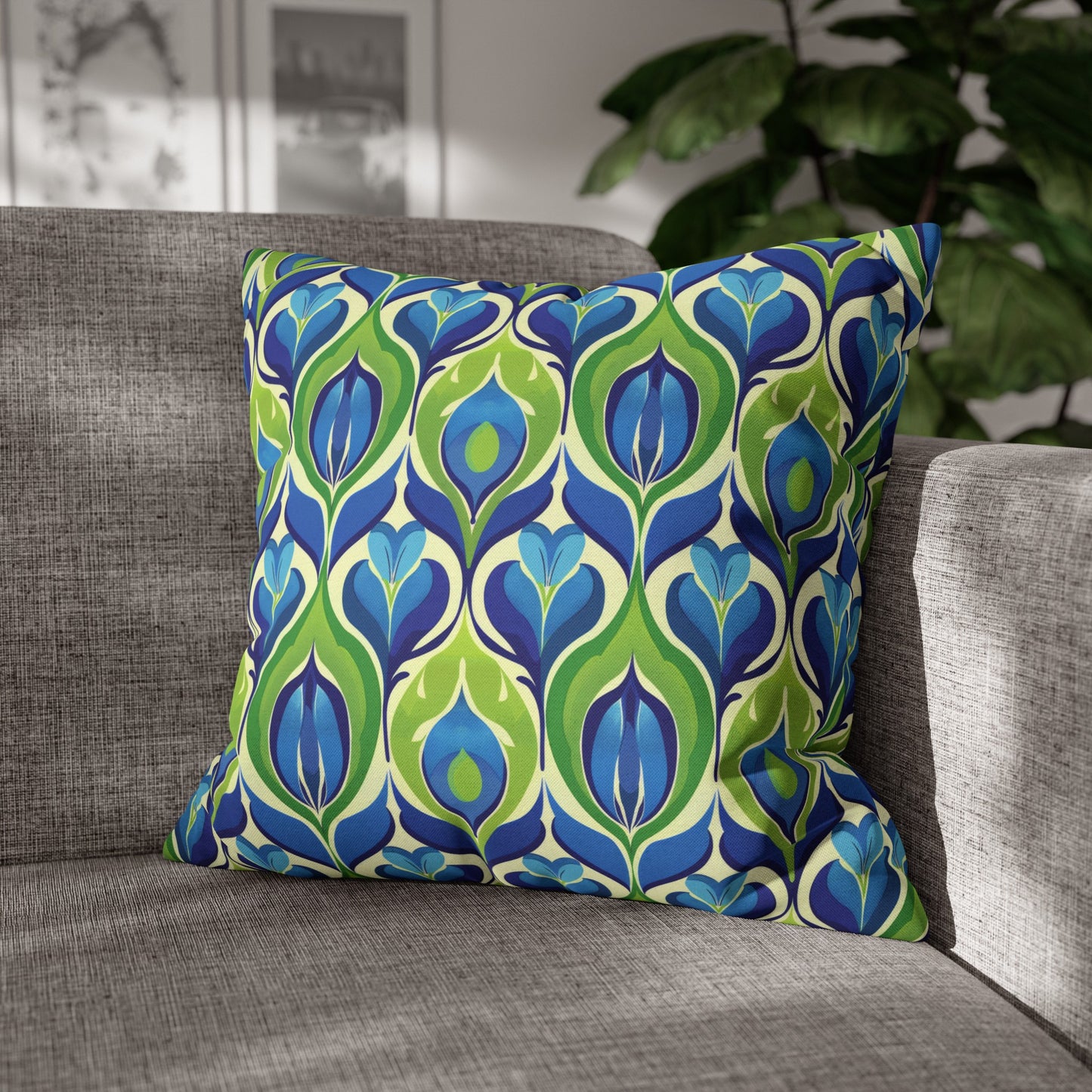 Retro Vibrant Peacock Blue and Green Floral Design Spun Polyester Square Pillowcase 4 Sizes