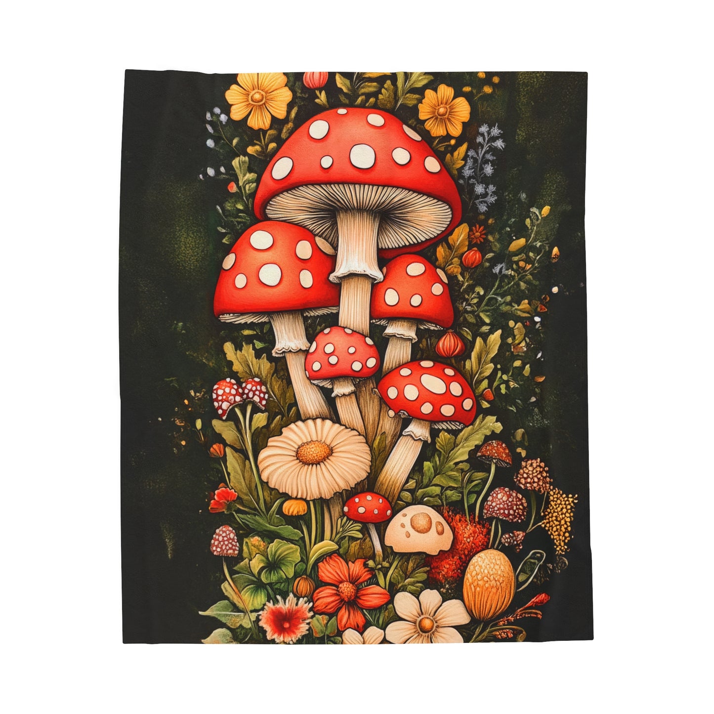 Lush Tapestry of Enchanted Forest Mushrooms Velveteen Plush Blanket 3 Sizes