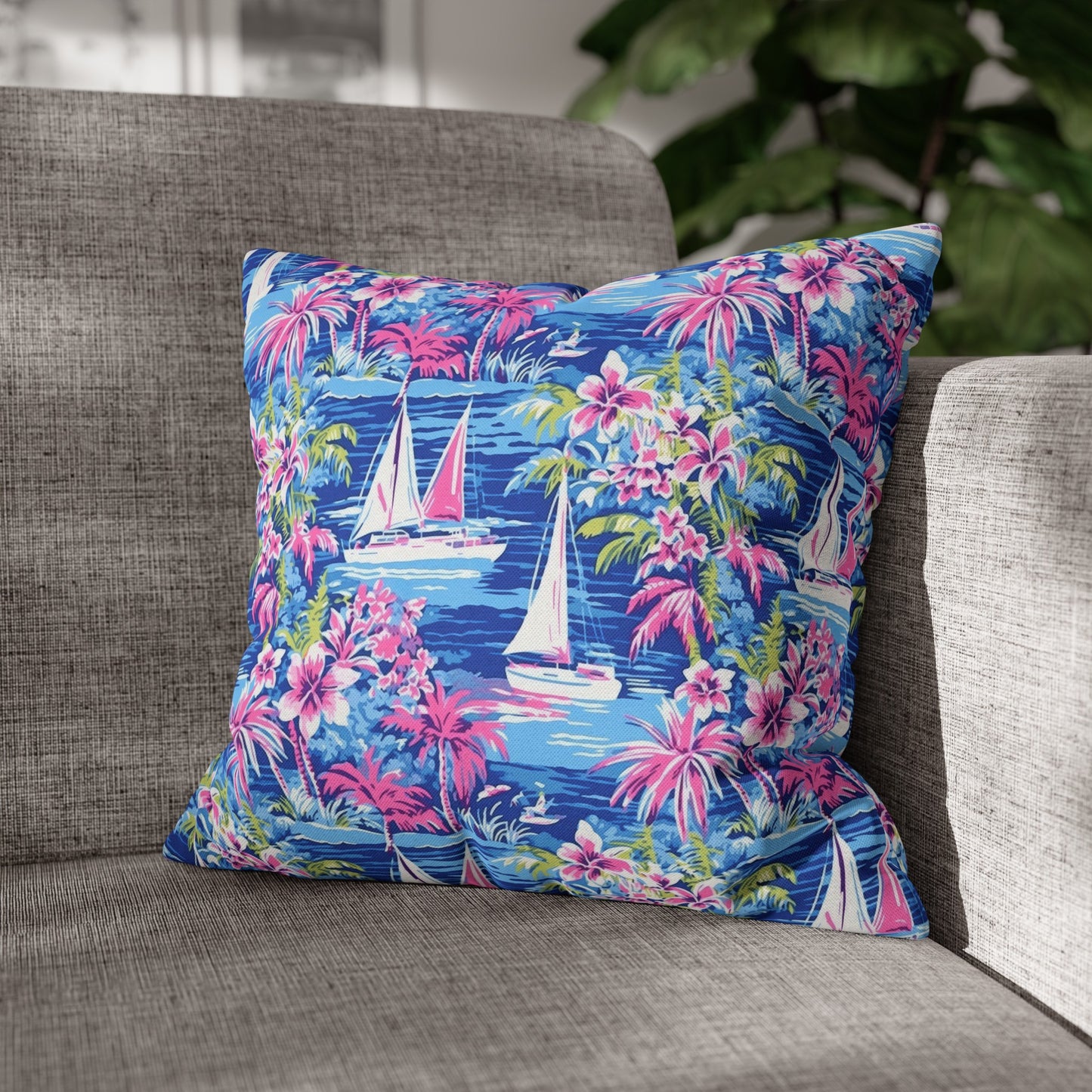 Sailing Tropics: Watercolor Sailboats Amidst Ocean Waves, Tropical Flowers, and Palm Trees Spun Polyester Square Pillowcase 4 Sizes